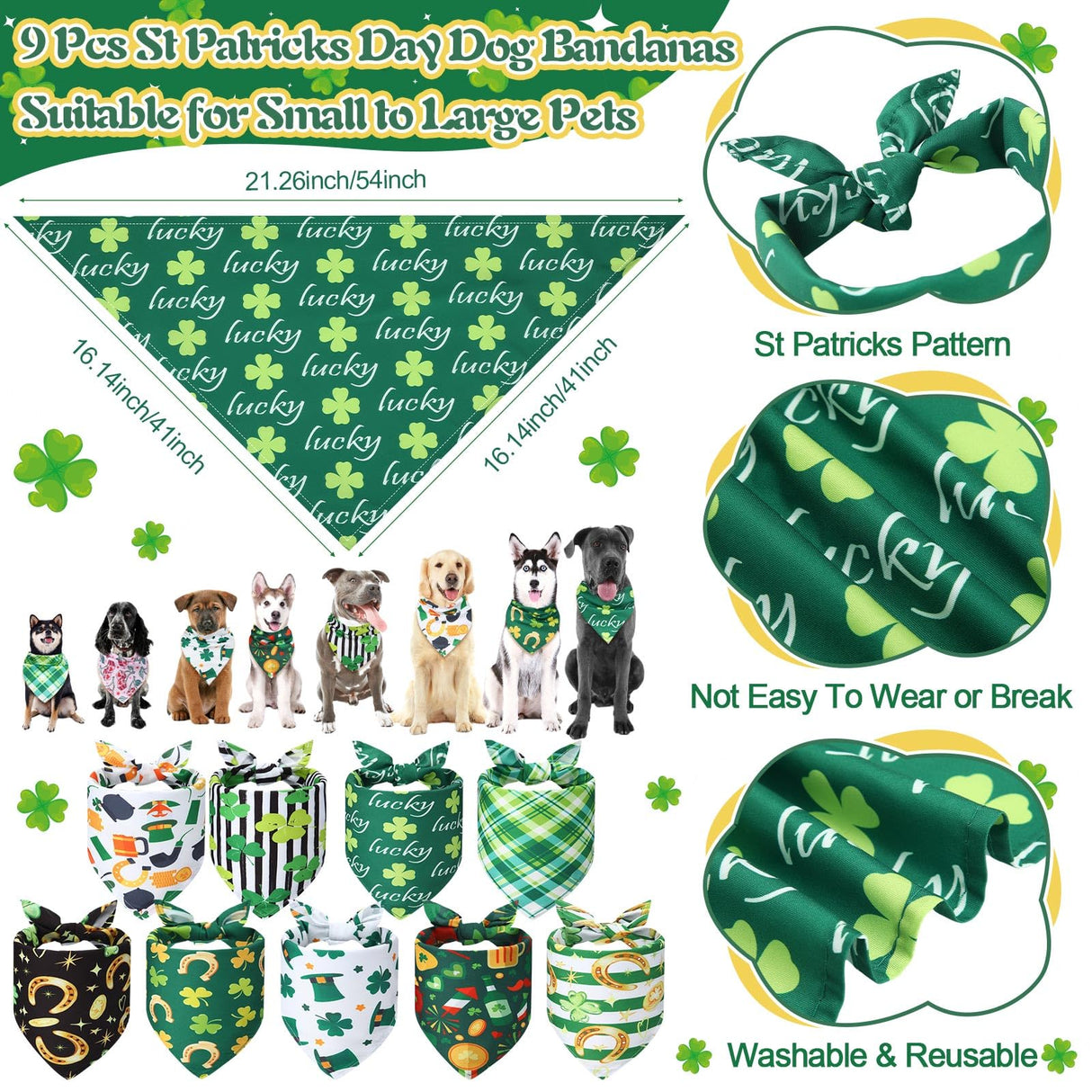 Wavwavw 18 Pcs St Patricks Day Dog Headband Green Shamrock Dog Bandanas Costume Buffalo Plaid Triangle Pet Scarf Adjustable Head Bopper Holiday Pet Costume Accessories for Dogs Puppy Cats Outfit Decor
