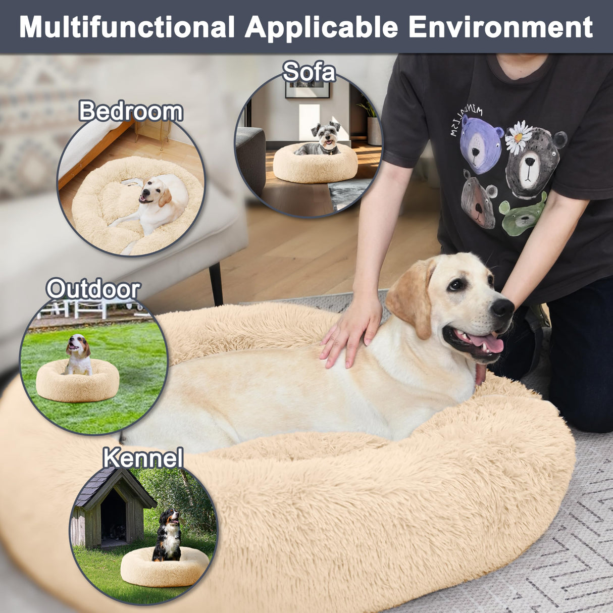 ELSKER&HOME Calming Dog Bed,Donut Washable Warming Soft Round 39 inches Dog Beds for Large Dogs,Anti-Anxiety Fluffy Plush Cushion Bed Fits up to 120 lbs Pets,Apricot