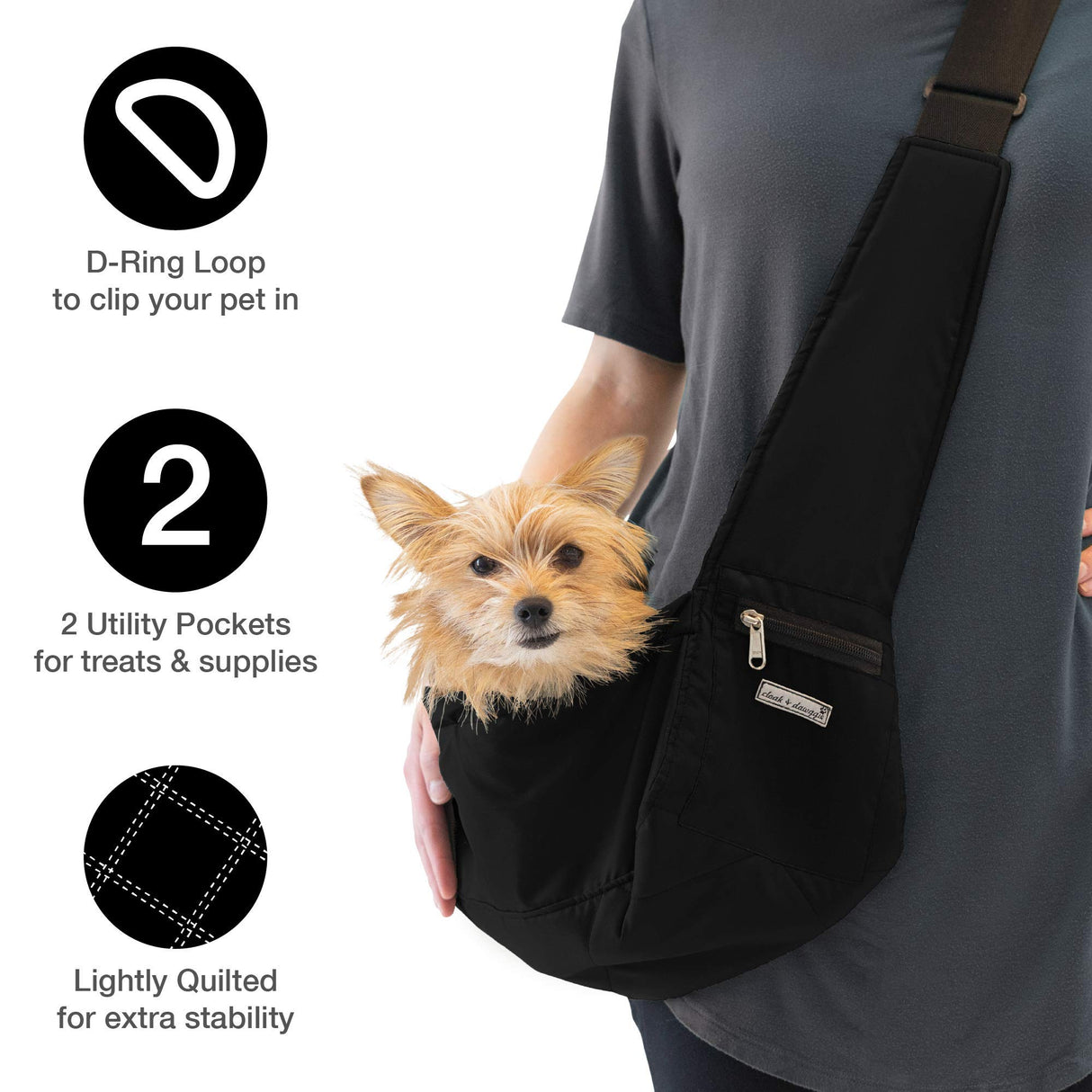 Cloak & Dawggie Dog Sling Carrier Tiny XXS Extra Extra Small Dogs, Puppy Toy Teacup Wearable Adjustable Pet Cross Body Shoulder Bag Waterproof Nylon Travel My Canine Kids (8722) (3-7 lbs, Black)