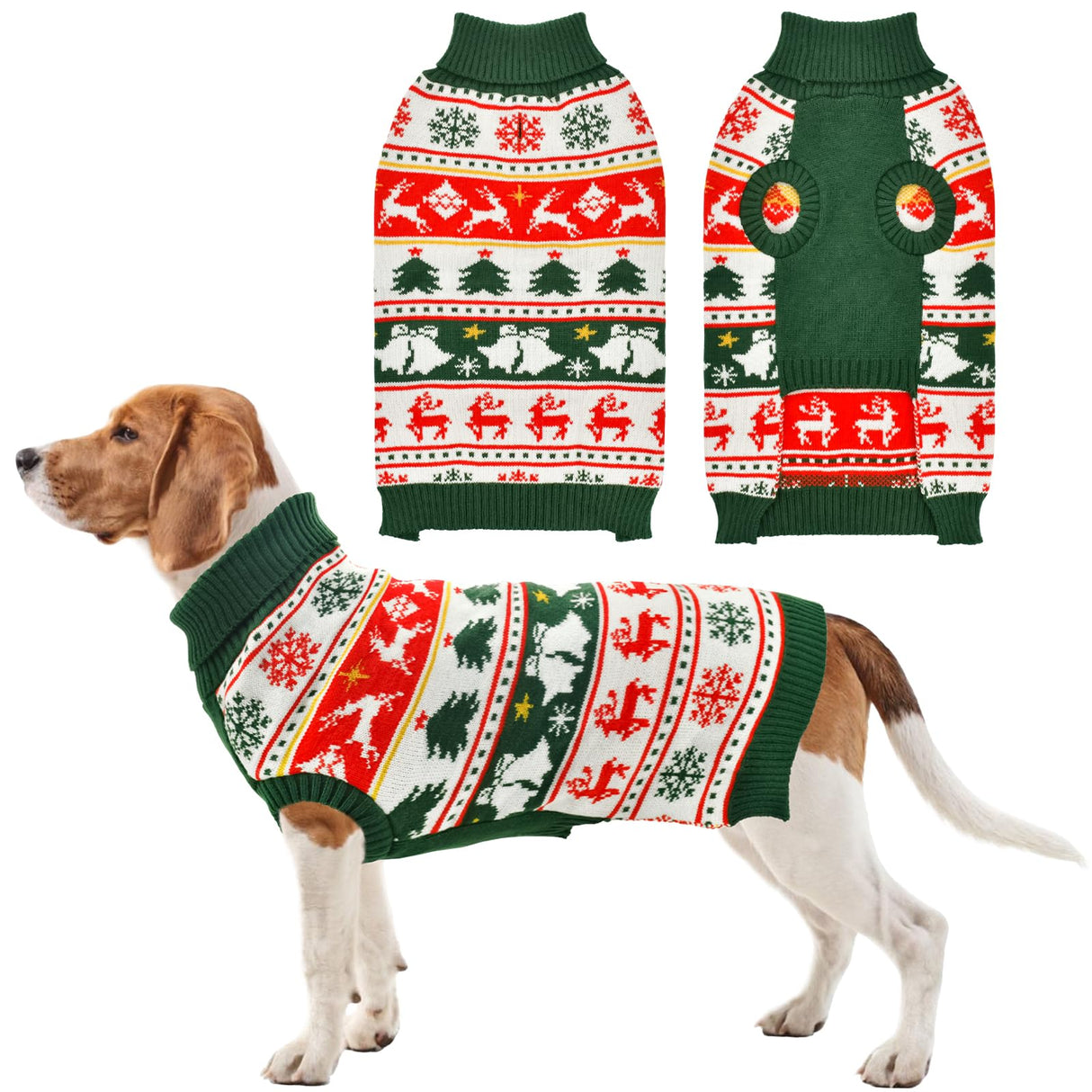 Vehomy Dog Christmas Sweater Warm Pet Xmas Turtleneck Sweater with Snowflakes Reindeers Bells Dog Christmas Knitwear Knitted Shirt Pullover Clothes for Medium Large Dogs L