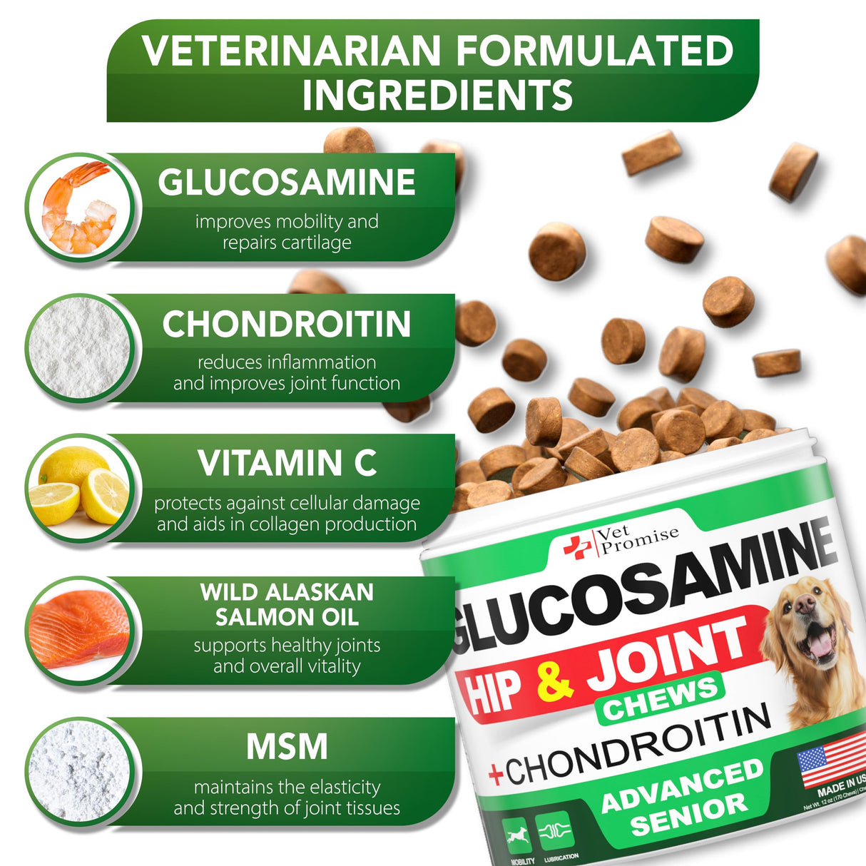 Advanced Glucosamine for Dogs - 170 Chews - Senior Hip and Joint Supplement for Dogs - Glucosamine Chondroitin - Dog Joint Health Pain Relief Pills - MSM - Mobility Support Supplement - Made in USA