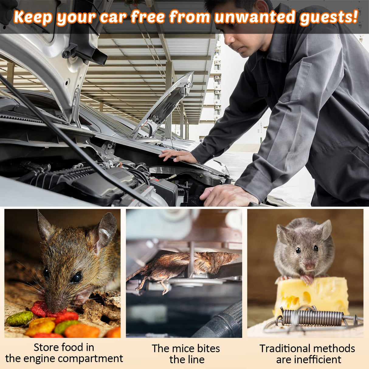 4 Pack Under Hood Animal Repeller Ultrasonic Mouse Repeller Rat Repellent Small Ultrasonic Mice Deterrent for 12V Car Pest Repeller Vehicle Automobile Get Rid of Animal in Car Engine with Strobe Light