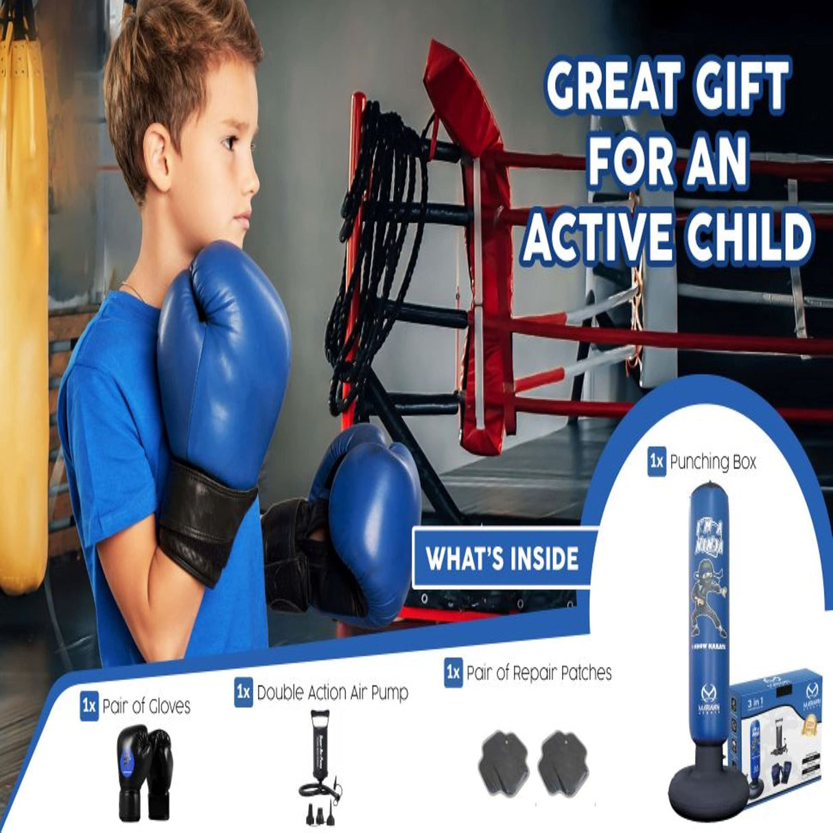 Kids Punching Bag Toy Set, Inflatable Boxing Bag Toy for Boys Age 3-12, Ninja Toys for Boys, Christmas,Birthday Gifts for Kids 4,5,6,7,8,9,10 Years Old (Blue)