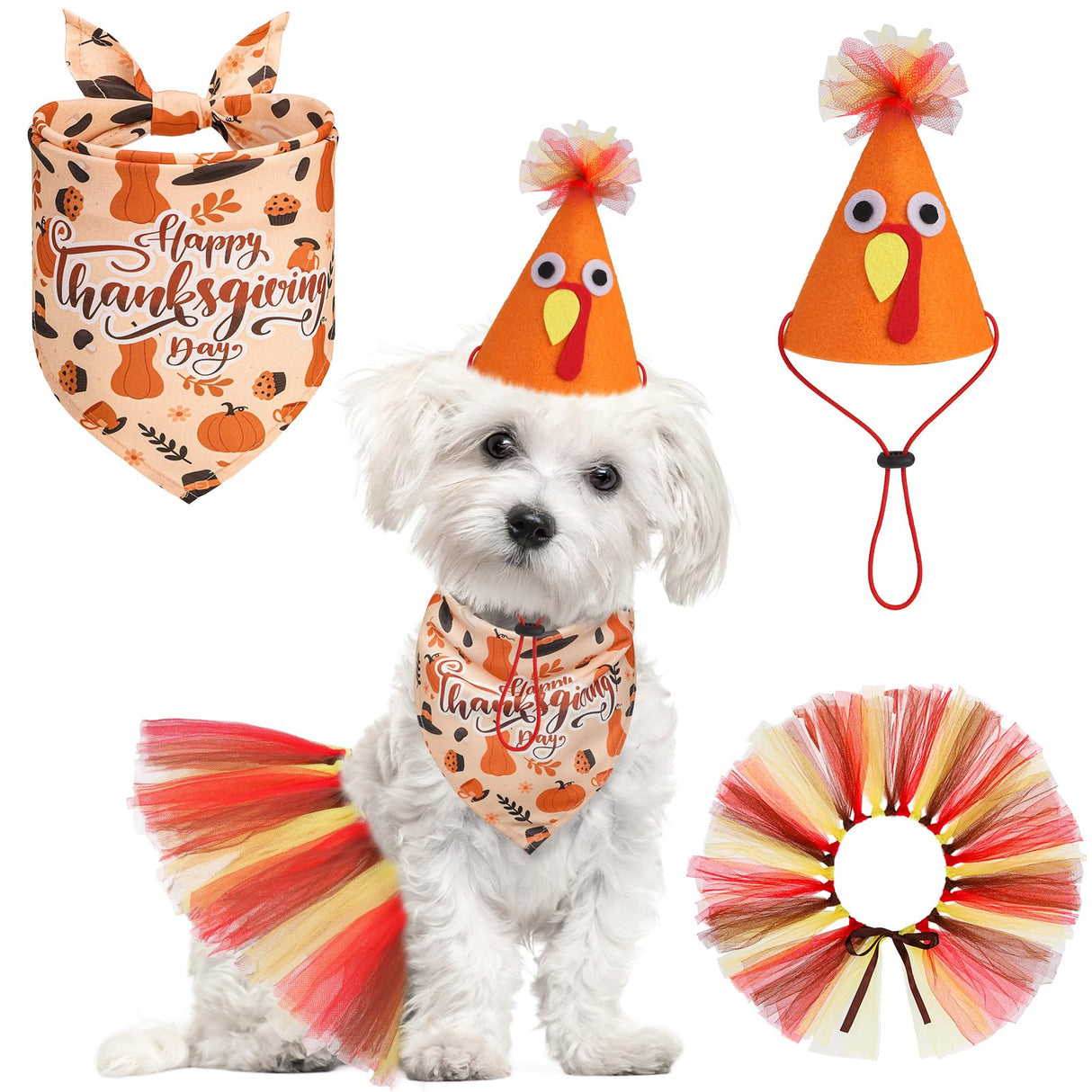 SCENEREAL Thanksgiving Dog Bandana Dress with Hat Set, Pet Turkey Costume for Small Medium Sized Dogs, Cute Tutu Skirt Outfit for Party Halloween