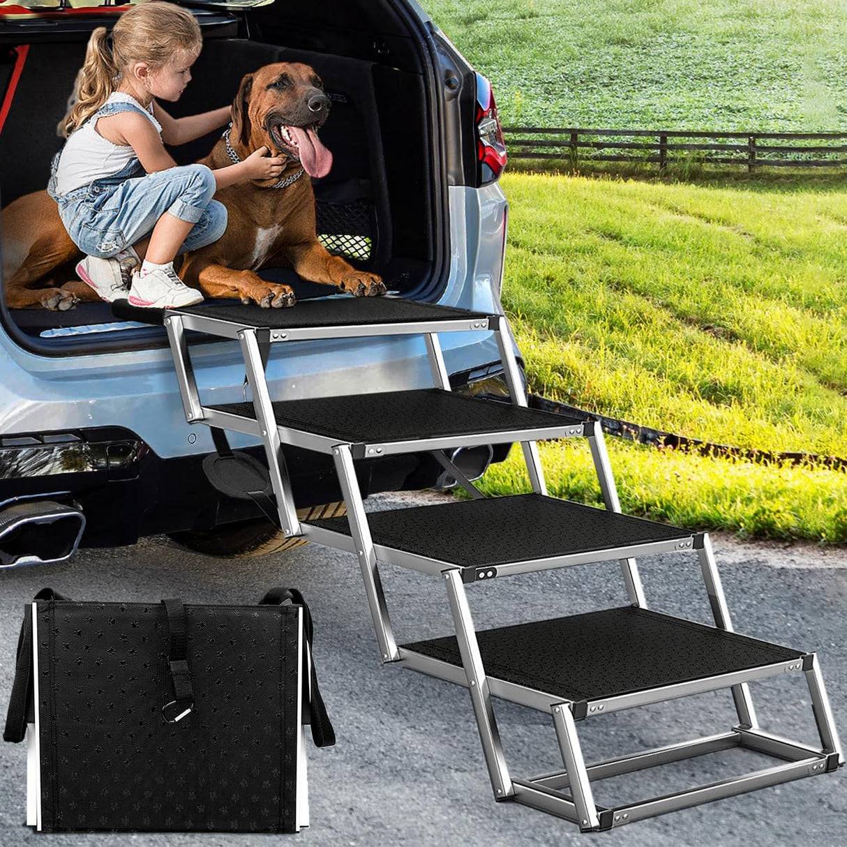 Dog Ramp for Car, Extra Wide Dog Stair for Large Dogs Car, Pet Steps Light Weight Aluminum Foldable Dog Steps for Cars and SUV,High Beds, Trucks, Supports up to 200 lbs (Extra Wide-4 Steps)