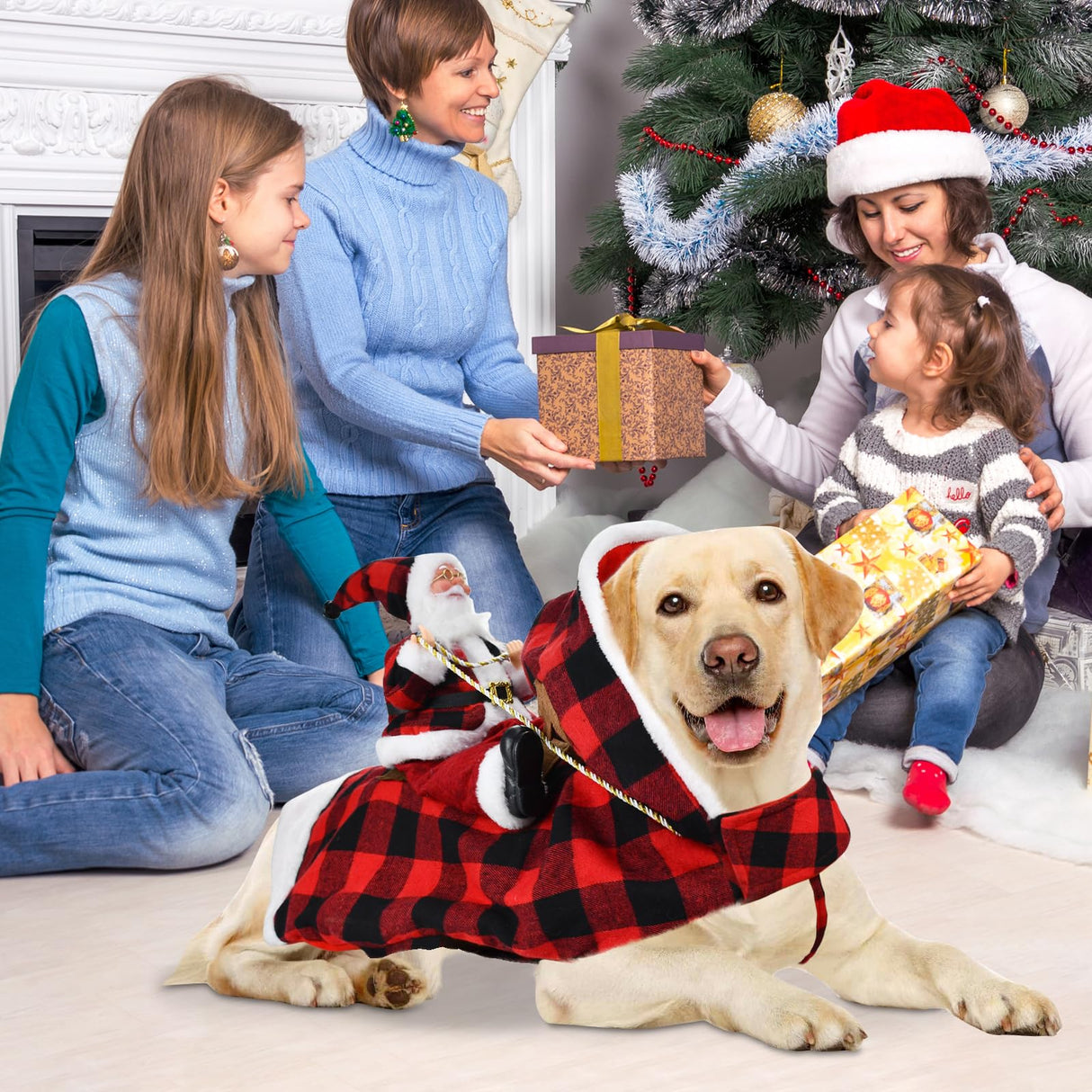 CooShou Dog Christmas Costume Running Santa Claus Riding on Pet Christmas Winter Plaid Hoodie Coat for Dog Cat Christmas Holiday Outfit Pet Xmas Dog Clothes S