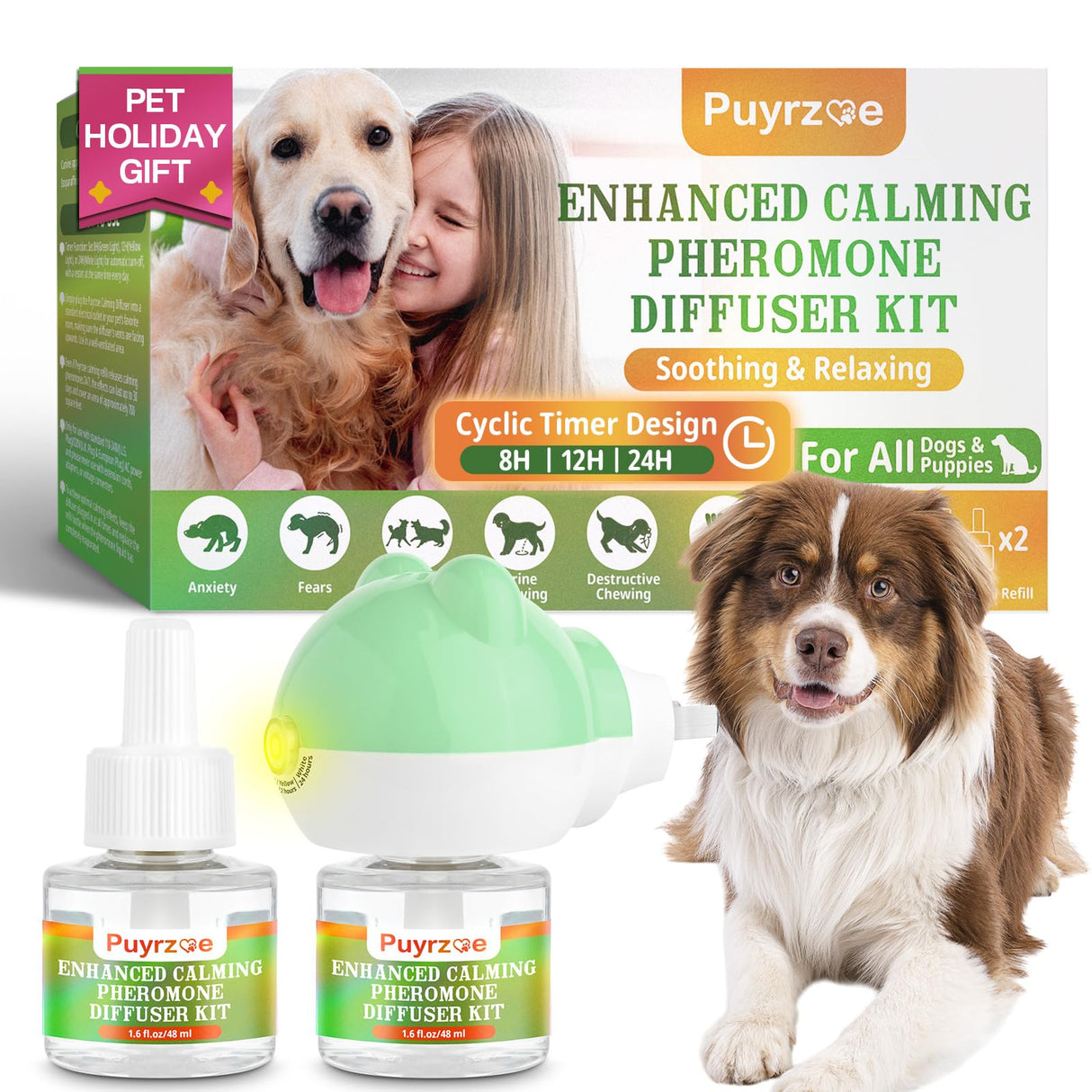 puyrzoe Dog Calming Diffuser with Timing Functions, 3-in-1 Dog Anxiety Relief Diffuser Kit, 120-Day Anxiety Relief, Stress Relaxation Pheromones Calming for All Dogs (1 Diffusers + 2 Refills)