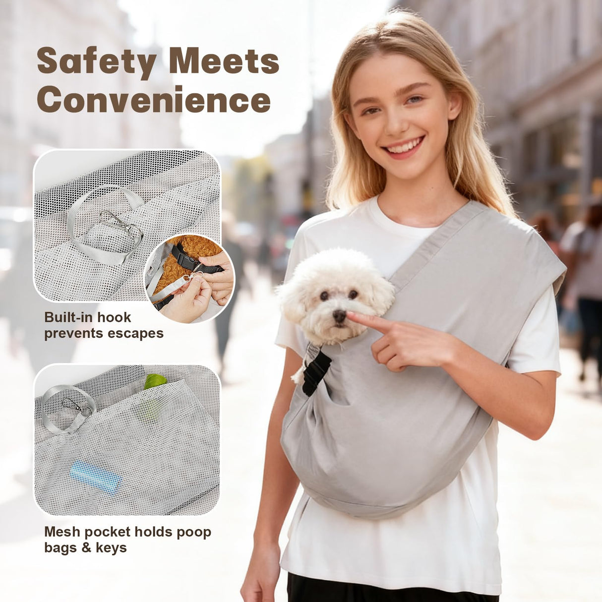 Pawfun Dog Carrier Sling for Small Dogs Cats- Hands Free Pet Sling Carrier with Mesh Lining Pocket & Safety Hook, Adjustable Cat Dog Front Carrier for Travel, Daily Walk, Outdoor,Grey L