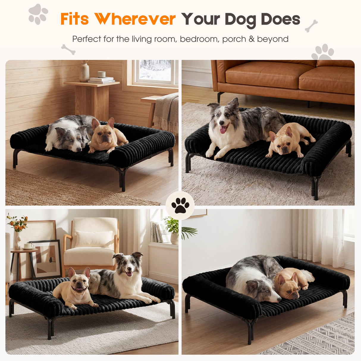 Elevated Dog Bed with Removable Fluffy Pillow Cushion, Raised Pet Cot Washable Bolster, Dog Couch Sofa, Anti Slip Feet, Matte Black, 36"×26"
