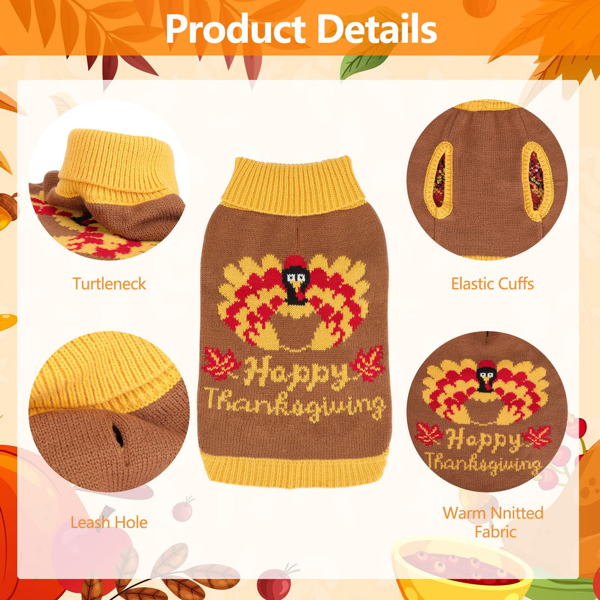 HUMLANJ Thanksgiving Knitted Dog Turtleneck Sweater Dog Sweaters Turkey Warm Pullover Sleeveless with Leash Hole for Puppy Doggy Doggie Yorkshire Chihuahua Pug(XL)