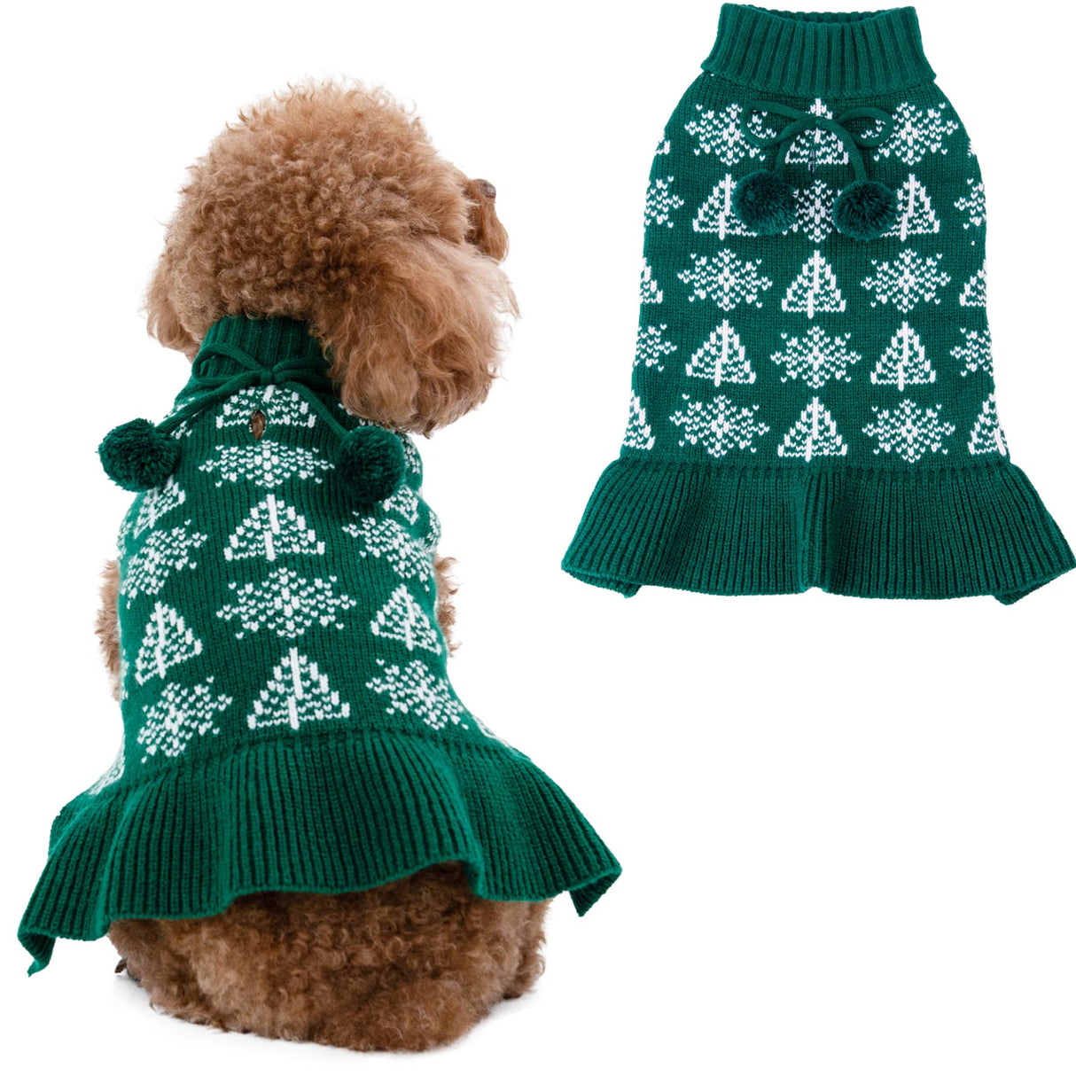 CuteBone Ugly Dog Christmas Sweater Dress Winter Knit Green Turtleneck Puppy Sweater with Craft Pom Pom Ball Pullover Ruffle Dress for Small Dogs