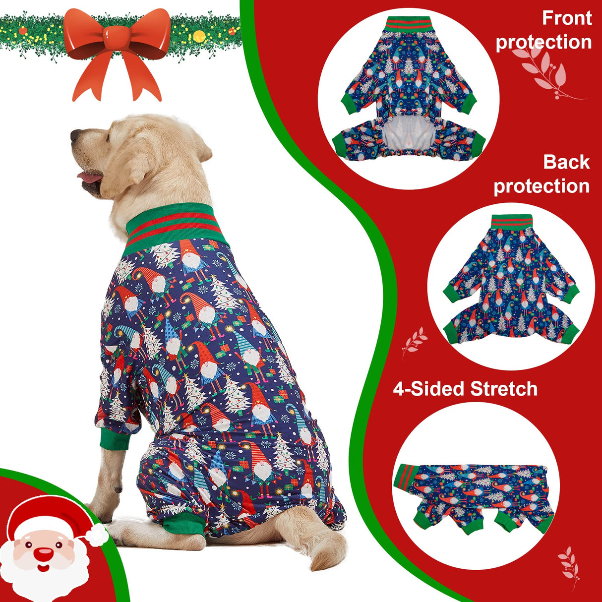LovinPet Large Dog Christmas Pajamas - Christmas Outfit Xmas Holiday Costume for Dogs, Lightweight Pullover, A Gnome to FA La Navy Prints Large Dog PJ's Pitbull Clothes, L