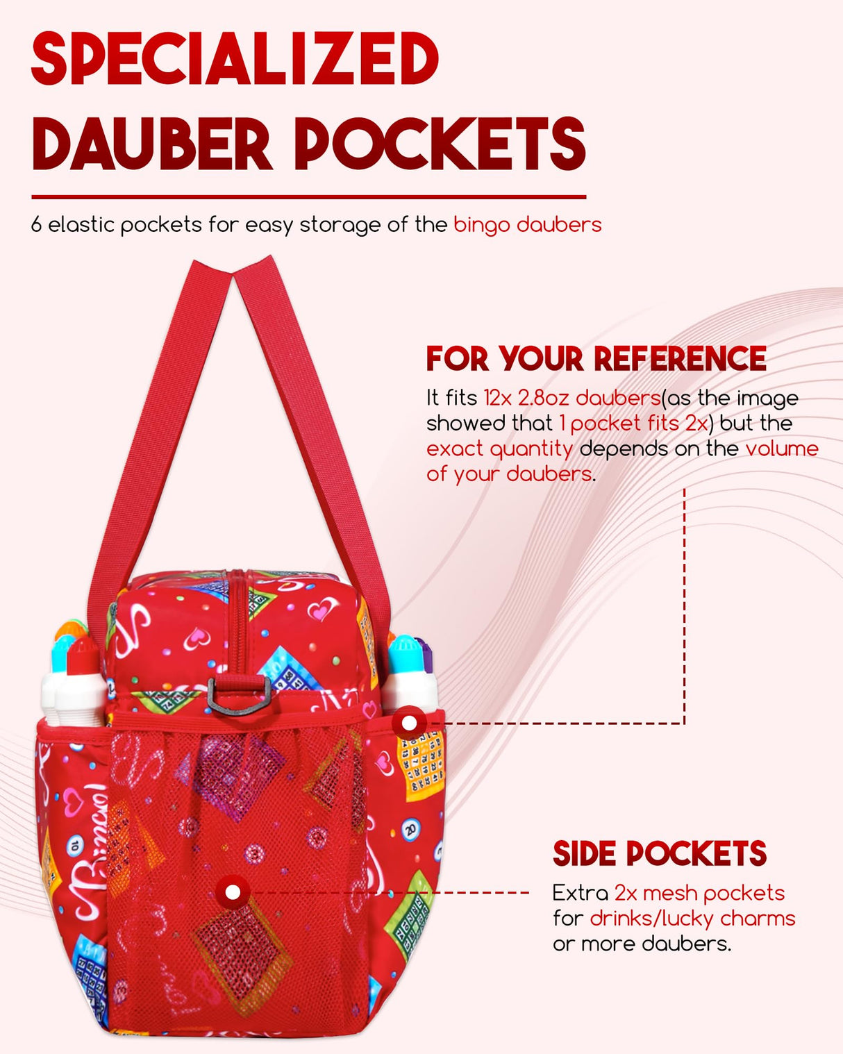Bingo Bag with Pockets for Bingo Daubers Dabbers Dobbers Red Bingo Bag for Bingo Stuff Supplies Bingo Dauber Bag for Bingo Equipment Bingo Accessories for Women Bingo Prizes for Adults Seniors Elderly