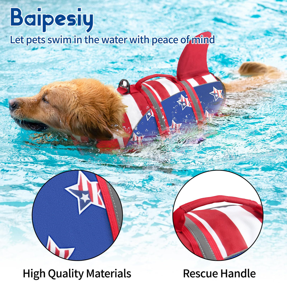 Baipesiy Dog Life Jacket, American Flag Ripstop Shark Dog Life Vest for Swimming & Boating, High Buoyancy Reflective Pet Vest with Rescue Handle, for X-Small/Medium/Large/X-Large Dogs (USA Flag, M)