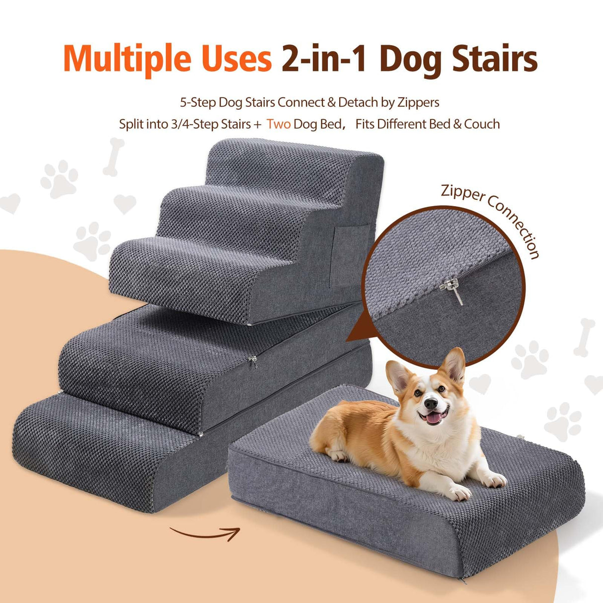 Dog Stairs for Small & Medium Dogs, 5-Step Dog Steps for Bed & Couch, High-Density Foam Pet Stairs for High Beds, Non-Slip Indoor Pet Ramp, Washable Cover, Fits Beds up to 22.6", Grey