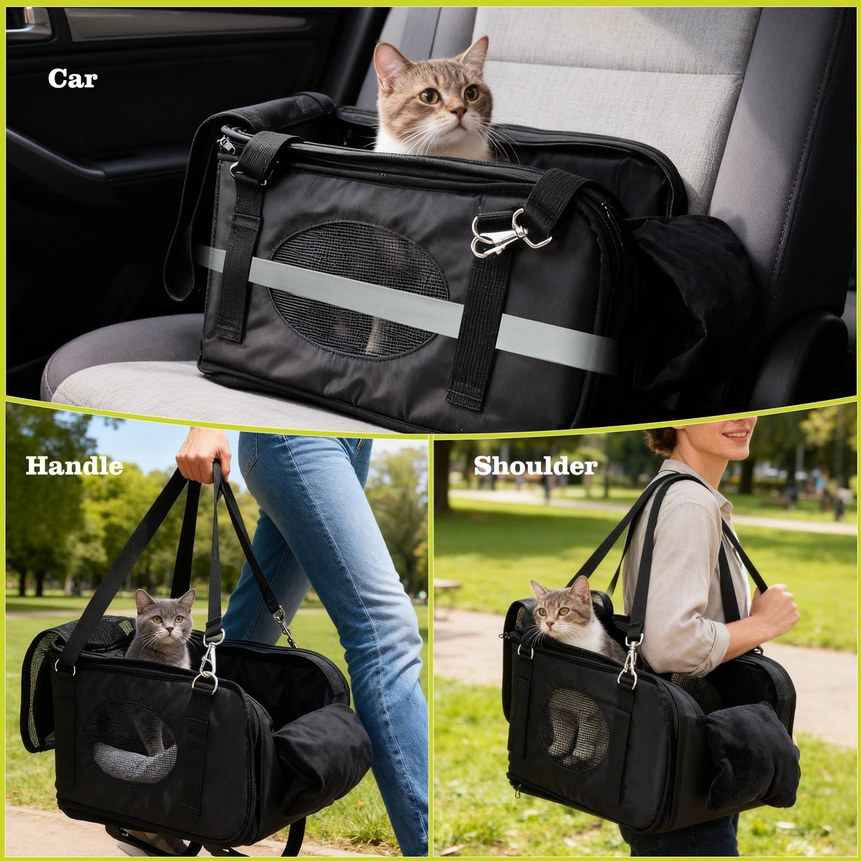 3 in 1 Cat Car Seat for Center Console – Portable Carrier for Shoulder Handle Car, Foldable Pet Armrest Booster Seat for Small Dogs & Cats (Up to 15lbs) | Puppy Seats with Cushion for Travel