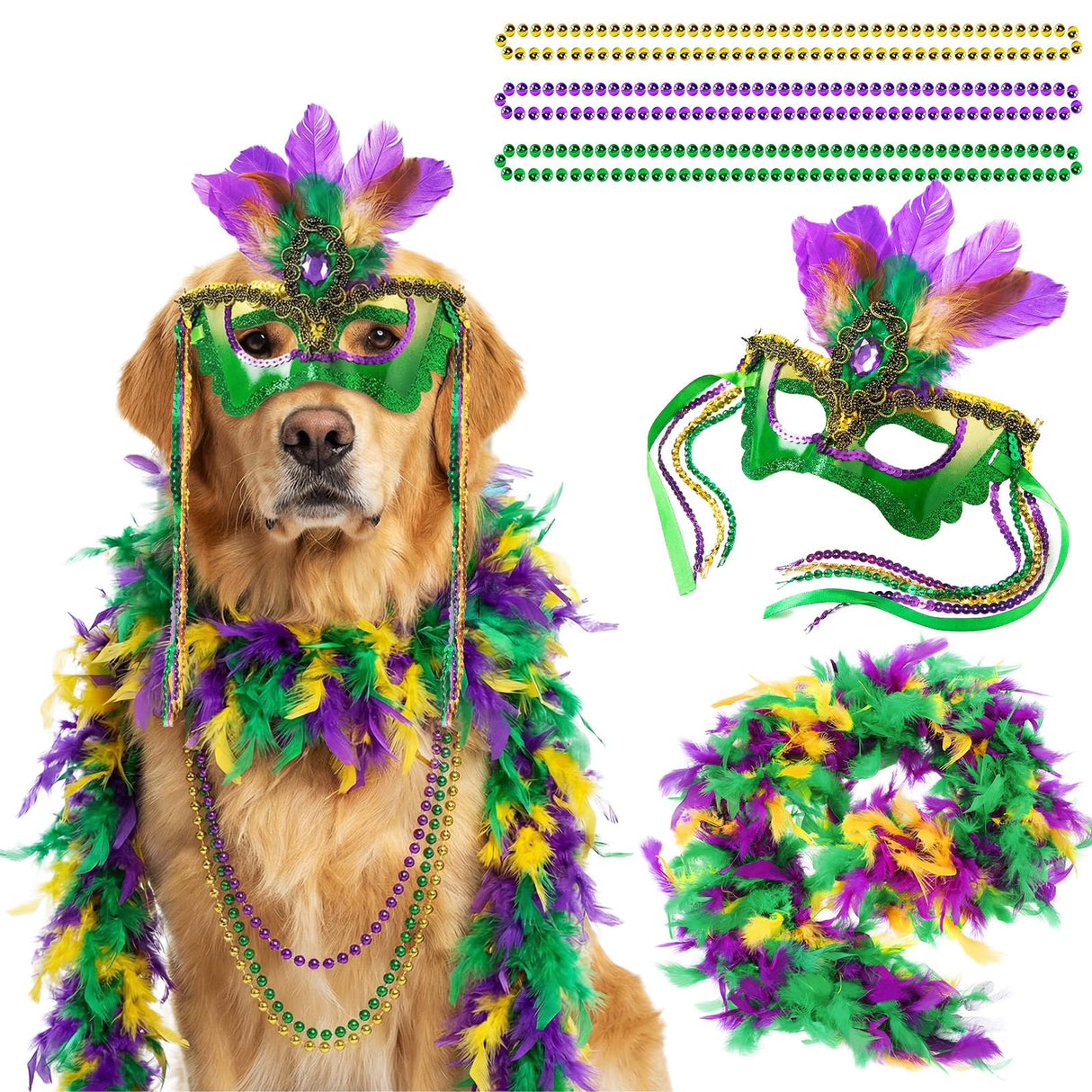 LEIFIDE 5 Pcs Mardi Gras Dog Costume Mardi Gras Pet Mask with Collar Carnival Masquerade Pet Accessories Set Golden Green Purple Puppy Dress up Feather Boa for Medium Large Dogs Outfit Decor