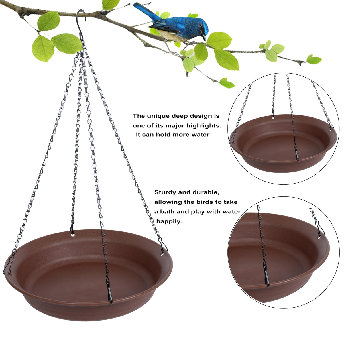 VUWEZ Hanging Bird Bath, Hanging Bird Water Feeder for Outdoors, Feeder Bowl, 1 Pack Birdbath Tray Accessories for Outside, Plastic Birdbaths Tray for Garden Patio Decoration (14", Chocolate)