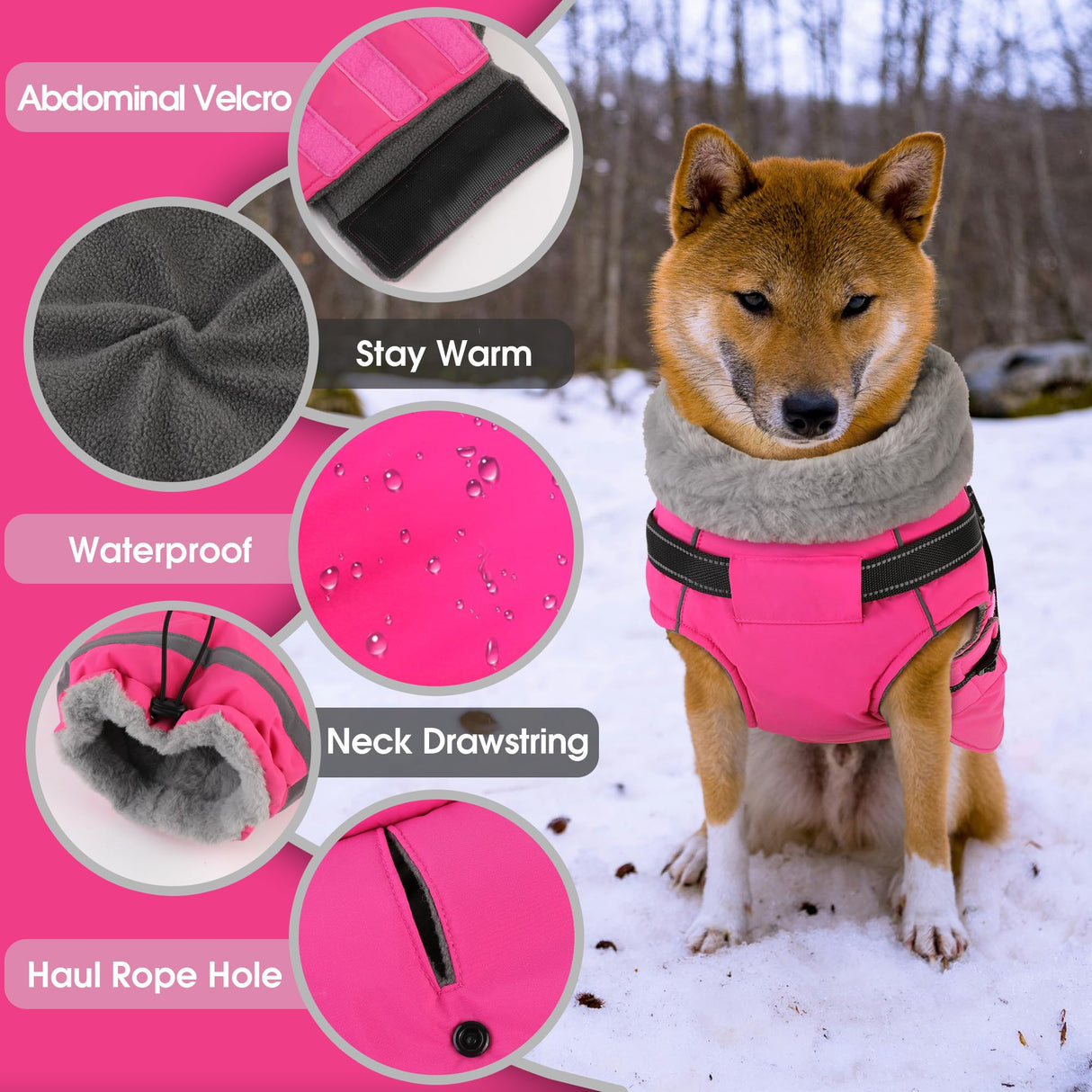 PETDSH Dog Coat Large, Built-in Harness Dog Jacket with Warm Fleece Lining, Waterproof Reflective Dogs Winter Coat, Pet Coats with Pocket and Trash Bags (Pink, X-Large)