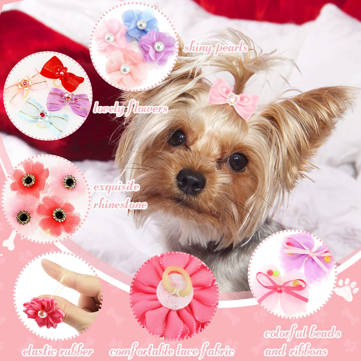 Jexine 100 Pcs/ 50 Pairs Dog Hair Bows with Rubber Bands Puppy Hair Bows Grooming Accessories Multicolor Small Pet Handmade Bowknot for Puppy Pet Girl Female Accessories