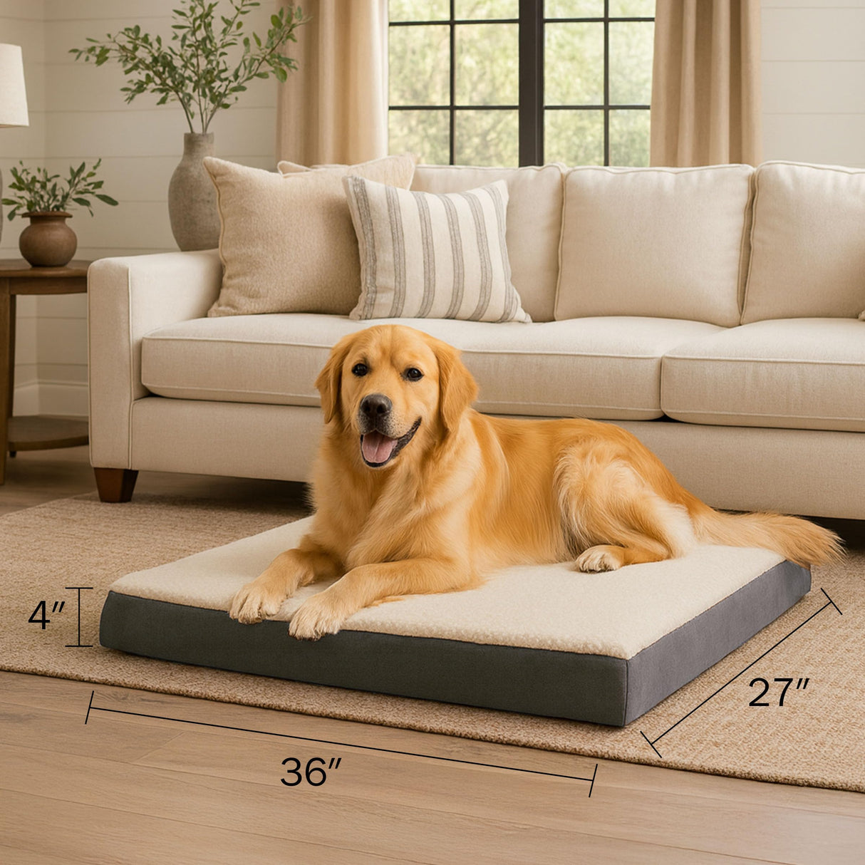 Orthopedic Dog Bed - 2-Layer 36x27-Inch Memory Foam Pet Mattress with Machine-Washable Sherpa Cover for Large Dogs up to 65lbs by PETMAKER (Gray)