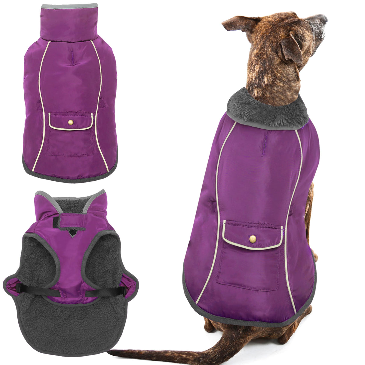 MOTZABO Dog Winter Coat - Warm Dog Clothes for Rain Snow Wind Cold Weather - Reflective Purple Adjustable Windproof Pet Vest Jacket with Leash Hole for Small Medium Large Dogs Indoor Outdoor