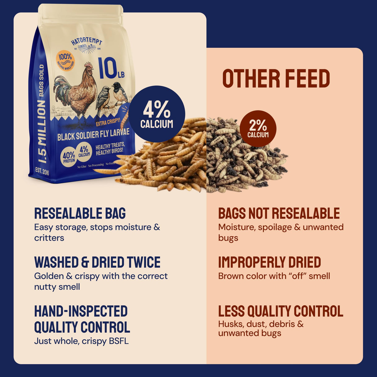 Hatortempt Black Soldier Fly Larvae - Calcium-Rich Chicken Feed Supplement - Treats for Laying Hens - Grubs for Chickens Training Rewards (10lb)