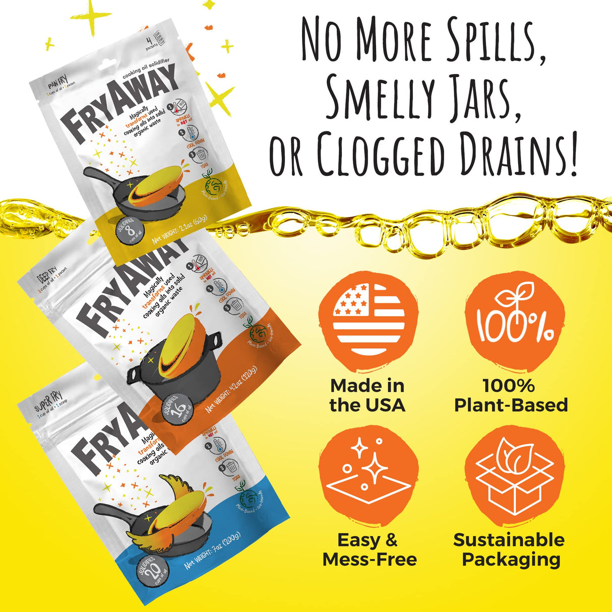 FryAway Super Fry Cooking Oil Solidifier, As Seen on Shark Tank, Solidifies up to 1.5 Gallons of Oil- Plant-Based Cooking Oil Solidifier Powder that Turns Used Oil to Hard Oil, Fry Oil Away for Mess-Free Cleanup and Disposal - Easy to Use, Made in the USA