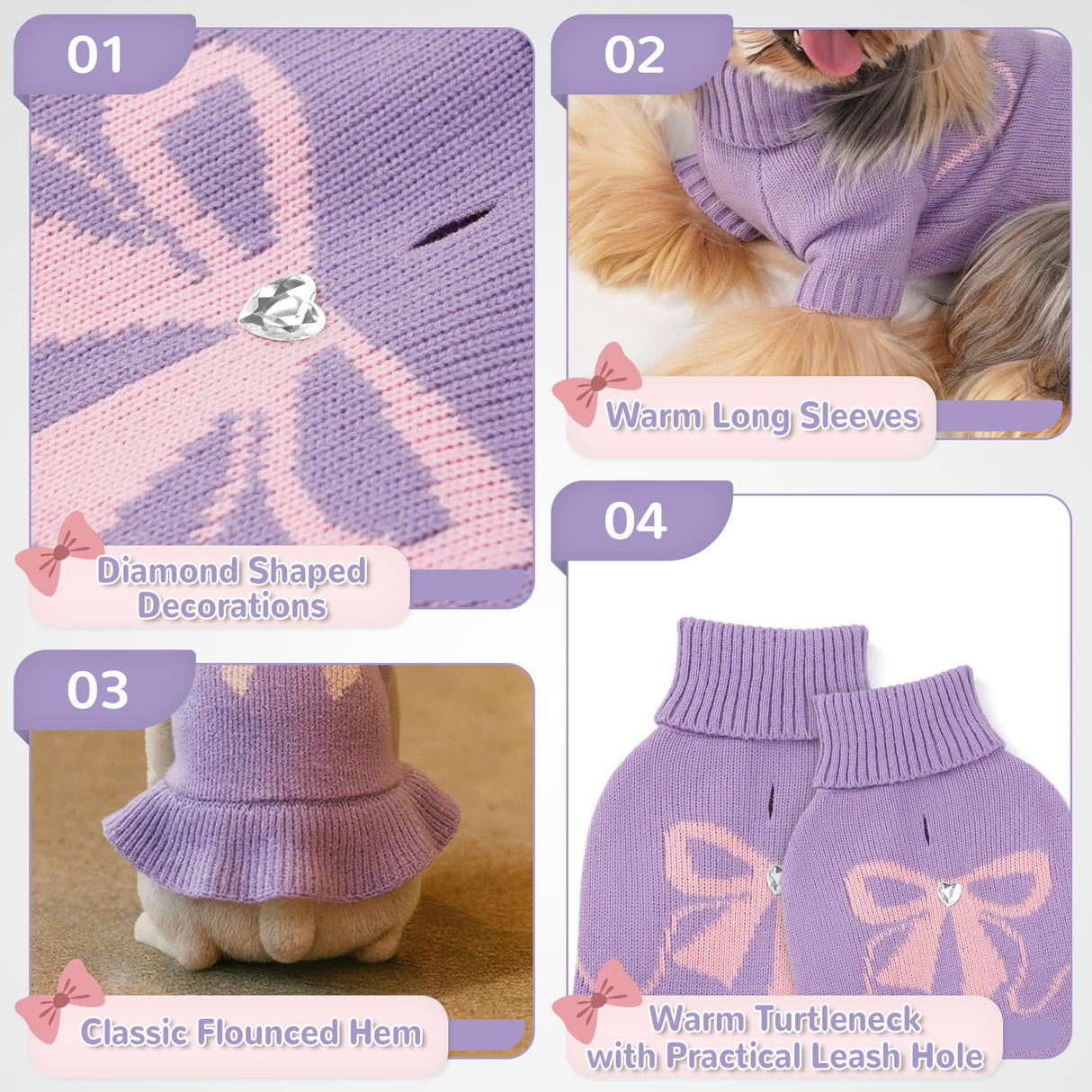 YUDODO Bowknot Dog Sweater Dress for Small Dogs Girl, Stretchy Pet Sweaters Pullover Coats, Fall Winter Warm Dog Turtleneck Sweater (Purple, S)