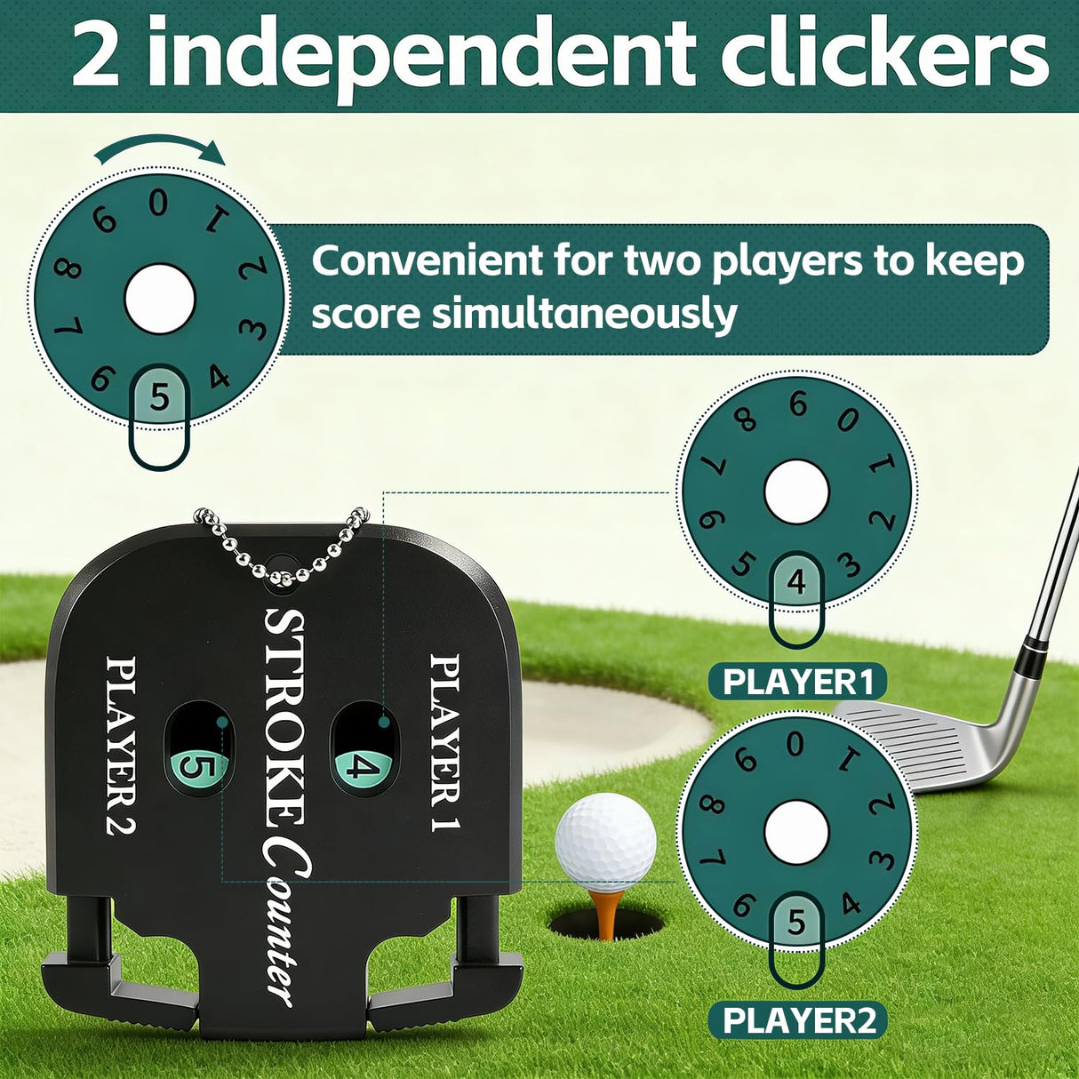 IOGOG 2Pcs Golf Stroke Counter, 2-Player Golf Counter Clicker with Hanging Rope, Shockproof Mini Portable Stroke Counter for Your Golf, Outdoor Sports, Different Kinds of Competitions and Games(Black)