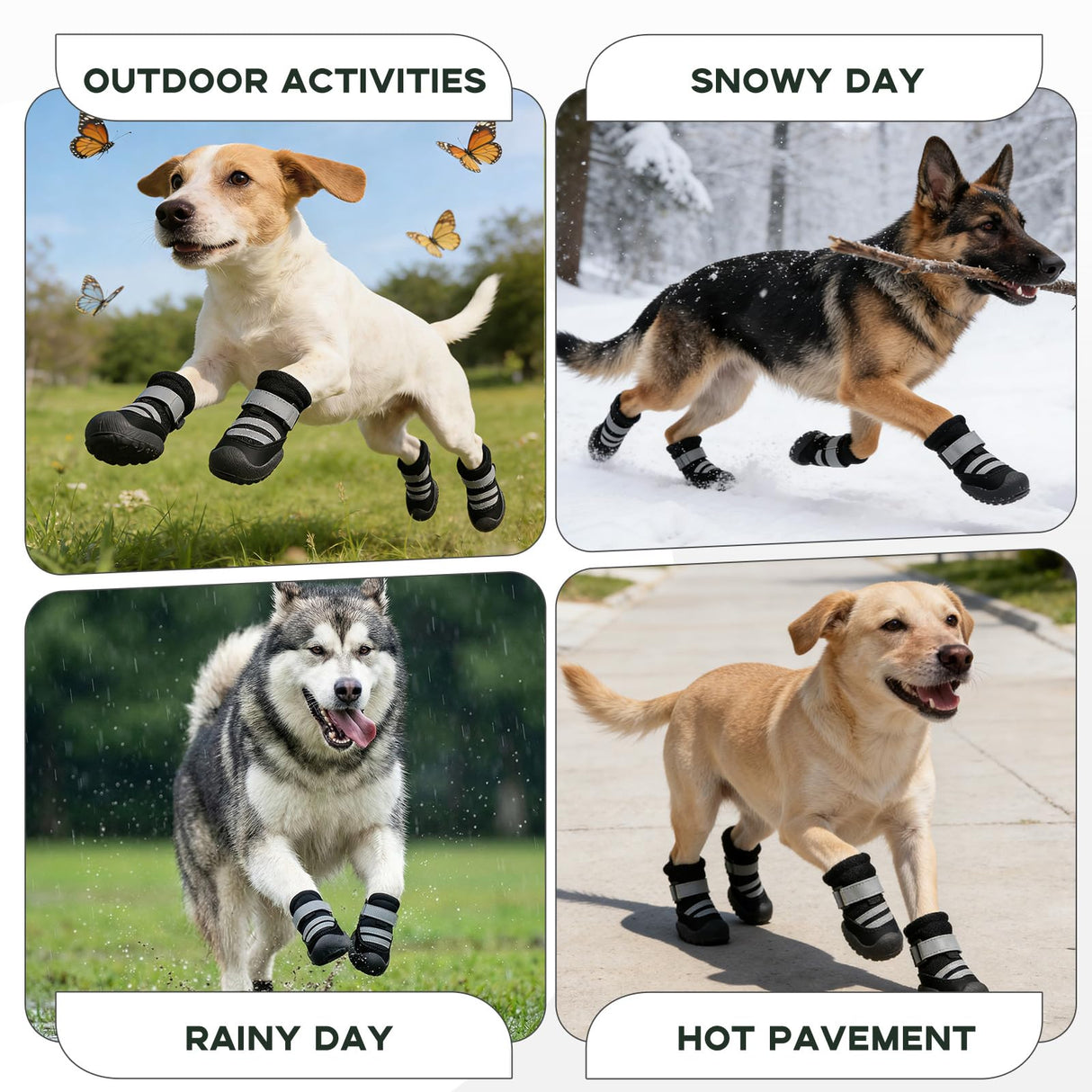 Furrtripsy Dog Boots, Waterproof Dog Shoes with Reflective Straps, Rugged Anti-Slip Sole Paw Protectors for Medium Large Dogs, Breathable Pet Booties for Hot Pavement, Snow, Hiking, 4Pcs