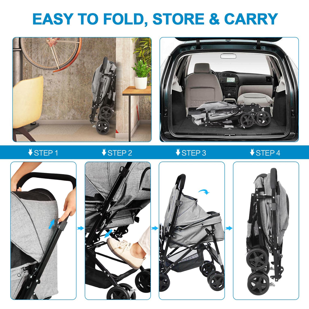 LPOTIUS Lightweight Dog Stroller with Reversible Handle for Medium Small Dogs and Cats, Foldable Pet Stroller Travel Carriage with Large Storage Basket, 4 Wheels, Linen Gray