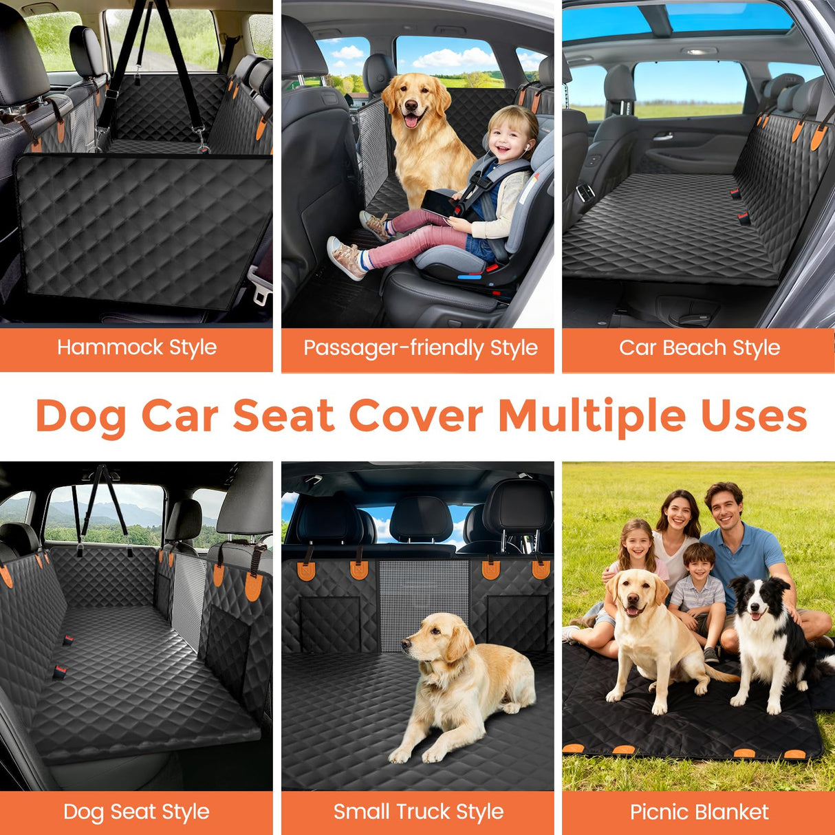 Chioratree Dog Car Seat Cover for Back Seat Hard Bottom - Waterproof Back Seat Extender for Dogs Holds 500 lbs, Scratch-Proof and Anti-Slip Dog Hammock for Car, SUV, Small Truck, Black
