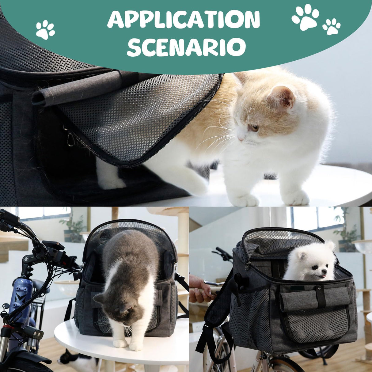 Dog Bike Basket, Soft-Sided Dog Bike Carrier Backpack, Cat Bicycle Basket, Multifunctional Pet Bike Basket Detachable Adjustable Single Shoulder Strap, Foldable Pet Travel Bag for Small Cats and Dogs