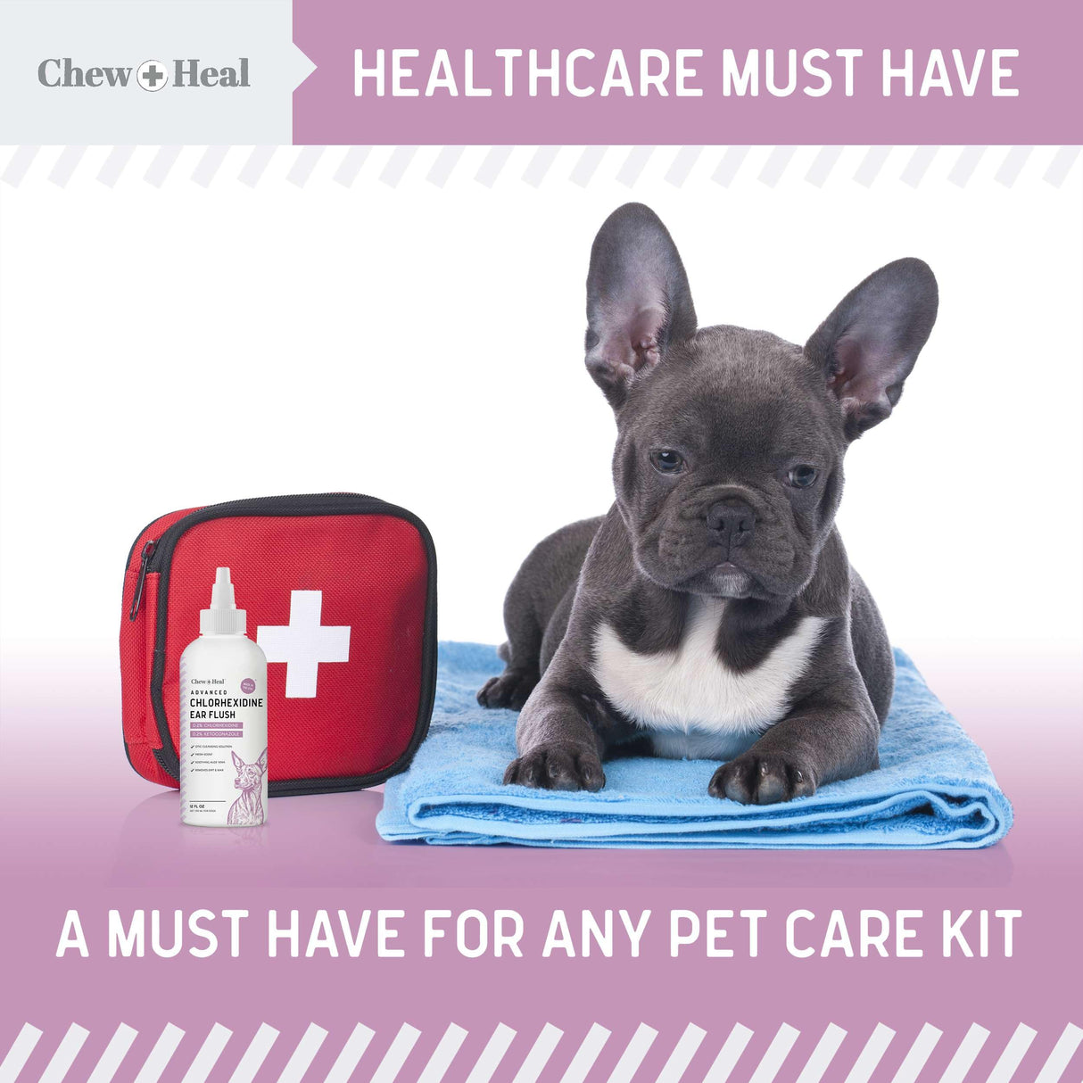 Chew + Heal Labs Dog Ear Cleaner - Medicated Dog Ear Buildup Drops for Dirt and Wax - 12 oz Advanced Flush with Chlorohexidine and Ketoconazole - Made in The USA