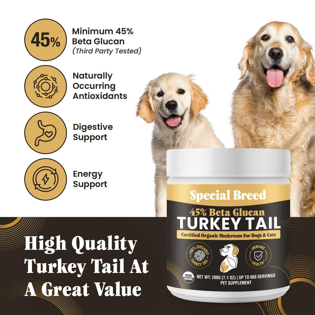 Organic Turkey Tail Mushroom for Dogs and Cats, 45% Beta Glucan Standardized, Hot Water Extracted Whole Fruiting Body, Third Party Tested, Immune and Gut Support, No Fillers, Made in USA, 660 ct