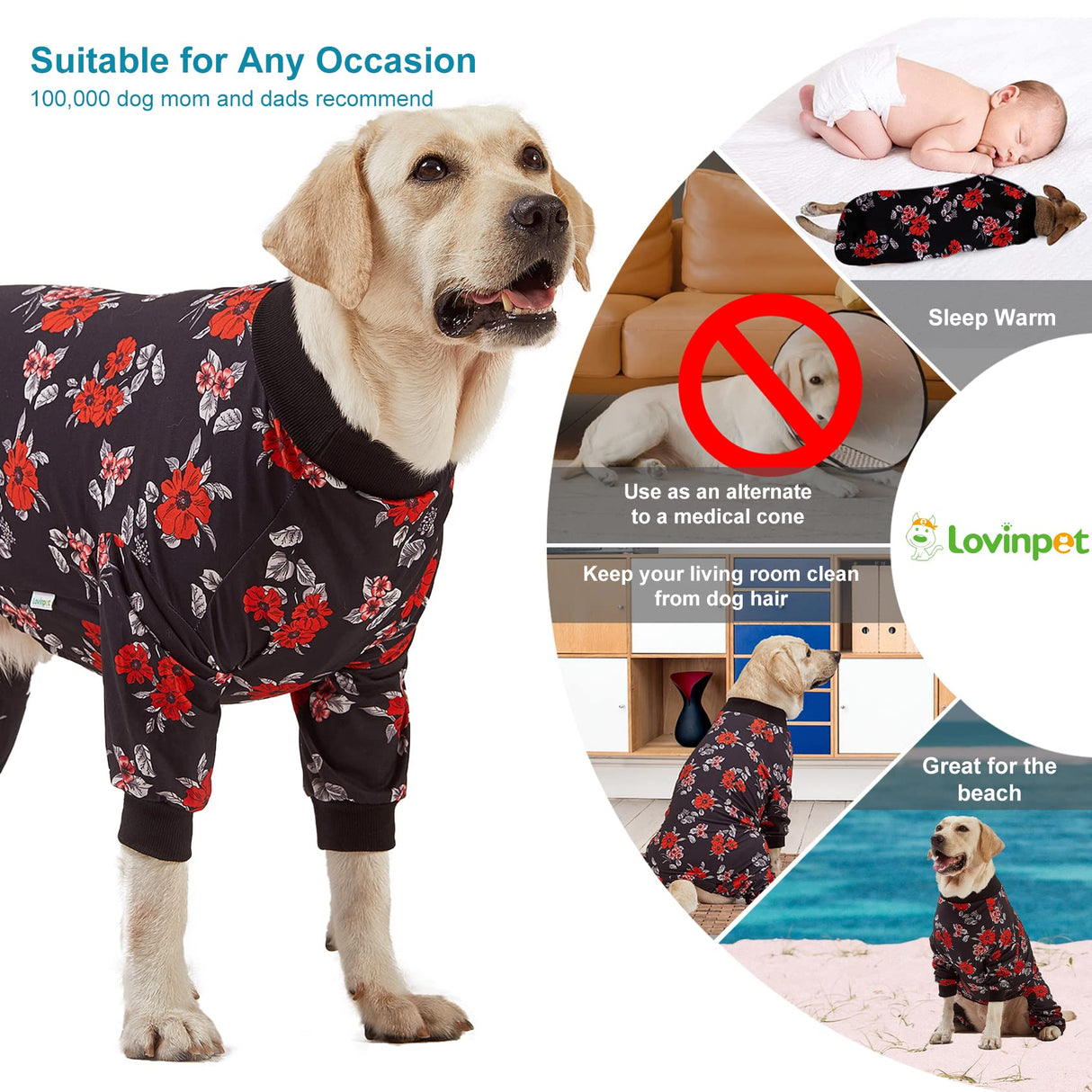 LovinPet Pet Pajamas for Large Dogs - Floral Navy and Coral Print Dog Jammies, Lightweight Stretchy Knit Big Dog Pullover, Large Dog Onesie, Pet PJ's/XXL