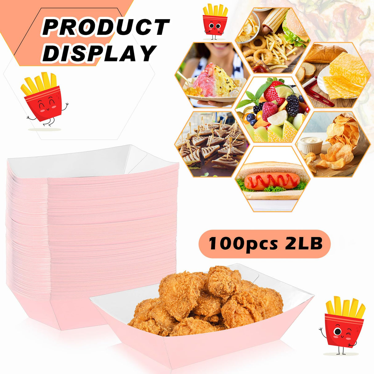 Yinkin 100 Pcs 2lb Paper Food Trays Boat 2lb Disposable Nacho Trays Kraft Paper Boat for Tacos Concession Halloween Christmas Party Supplies (Light Pink)