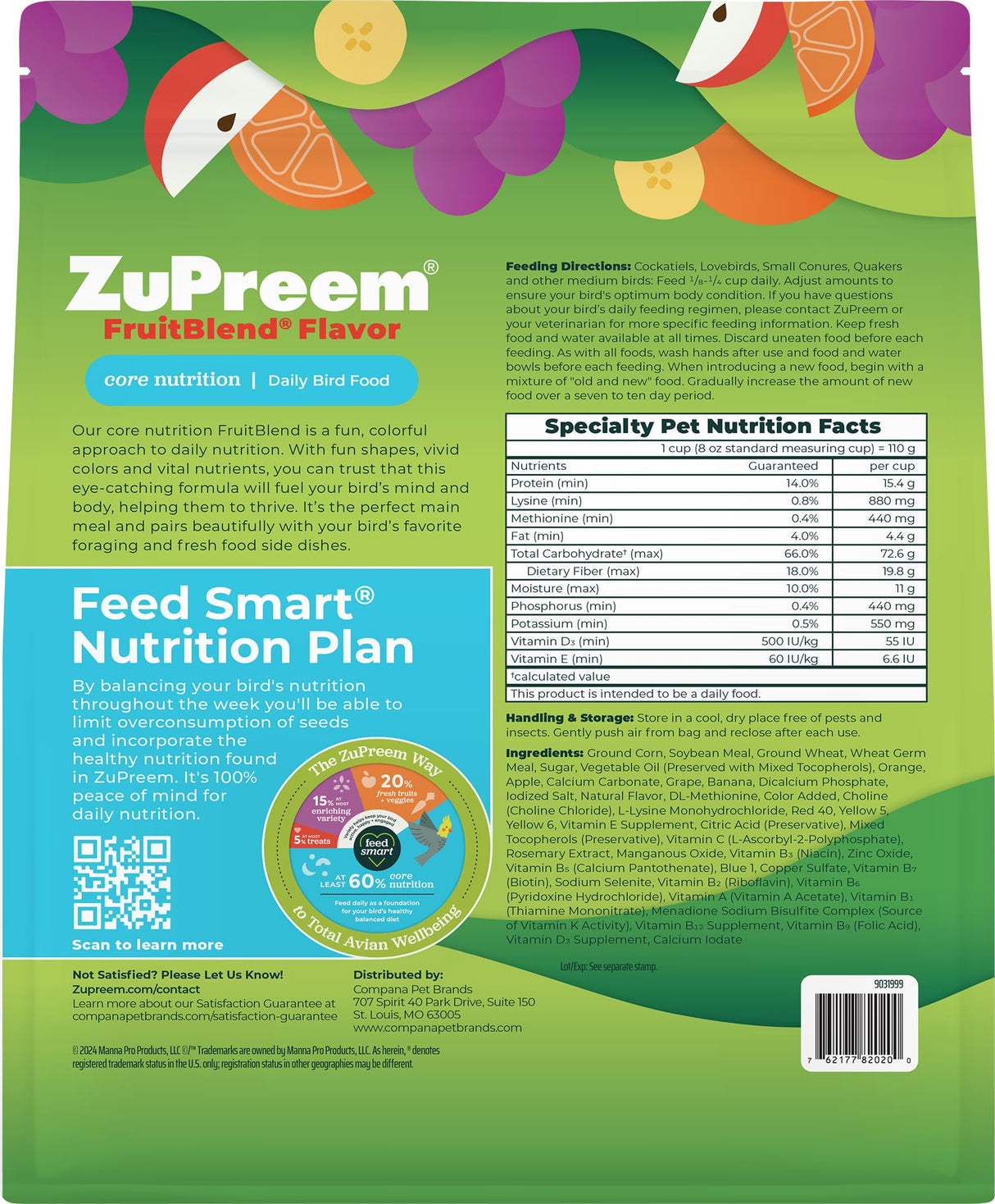 ZuPreem FruitBlend Flavor Pellets Bird Food for Medium Birds, 2 lb (Pack of 2) - Daily Blend Made in USA for Cockatiels, Quakers, Lovebirds, Small Conures