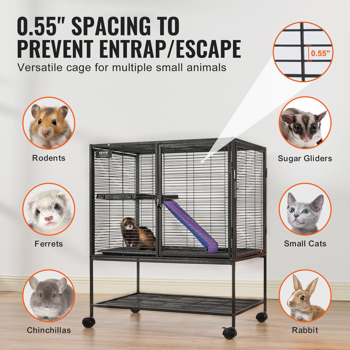 VEVOR 36" Rolling Metal Ferret Cage, Large 2-Tier Critter Nation Cage, Small Animal Cage with Ramps & Tray, Easy to Set up for Pet Mice, Hamster, Guinea Pig, Chinchilla, Squirrel, Hedgehogs, Bunny
