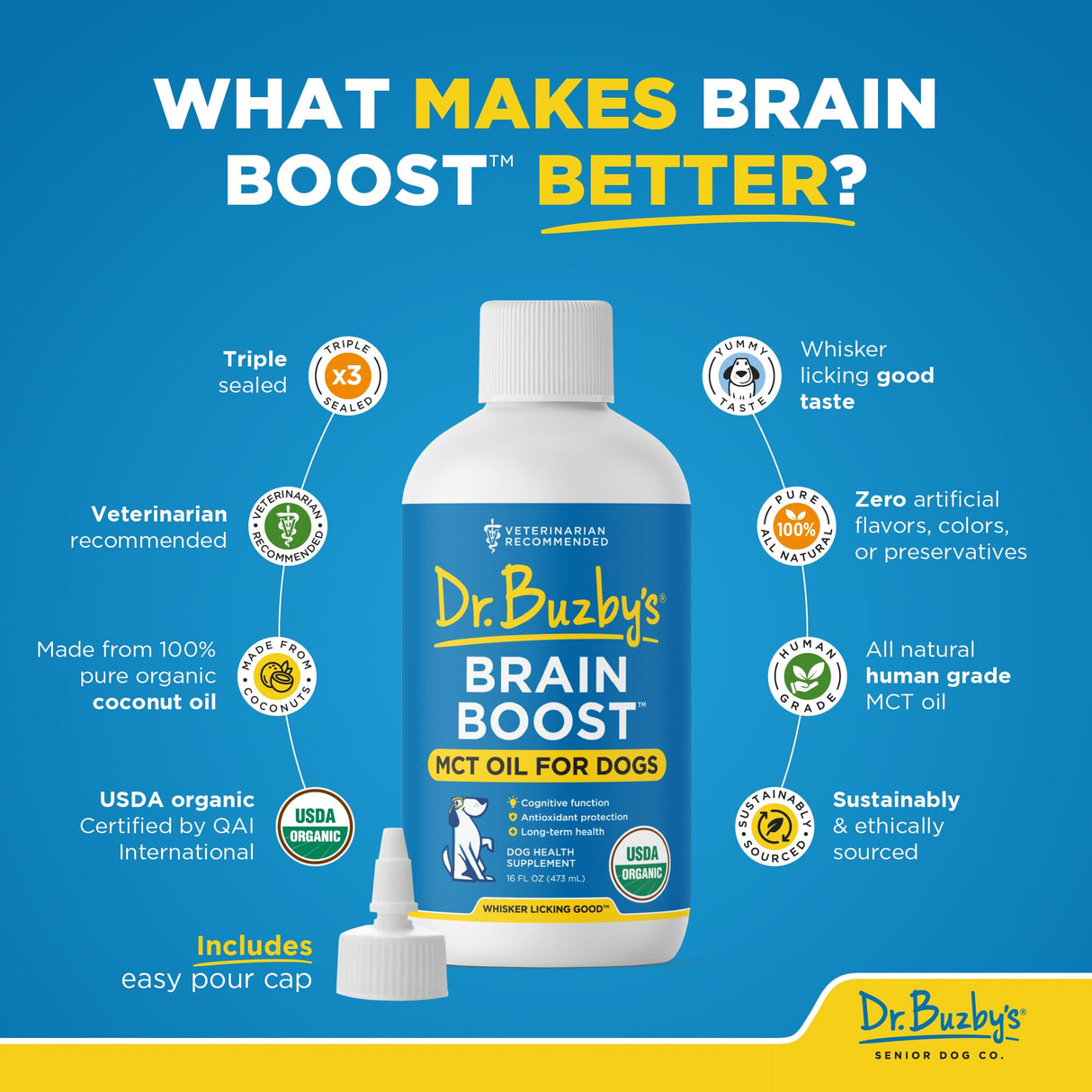Dr. Buzby’s Brain Boost Organic MCT Oil for Dogs, 16 Oz Human Grade MCTs C8, C10, Senior Dog Dementia, Made from Pure Organic Coconut Oil, Medium Chain Triglyceride Liquid Dog Supplement