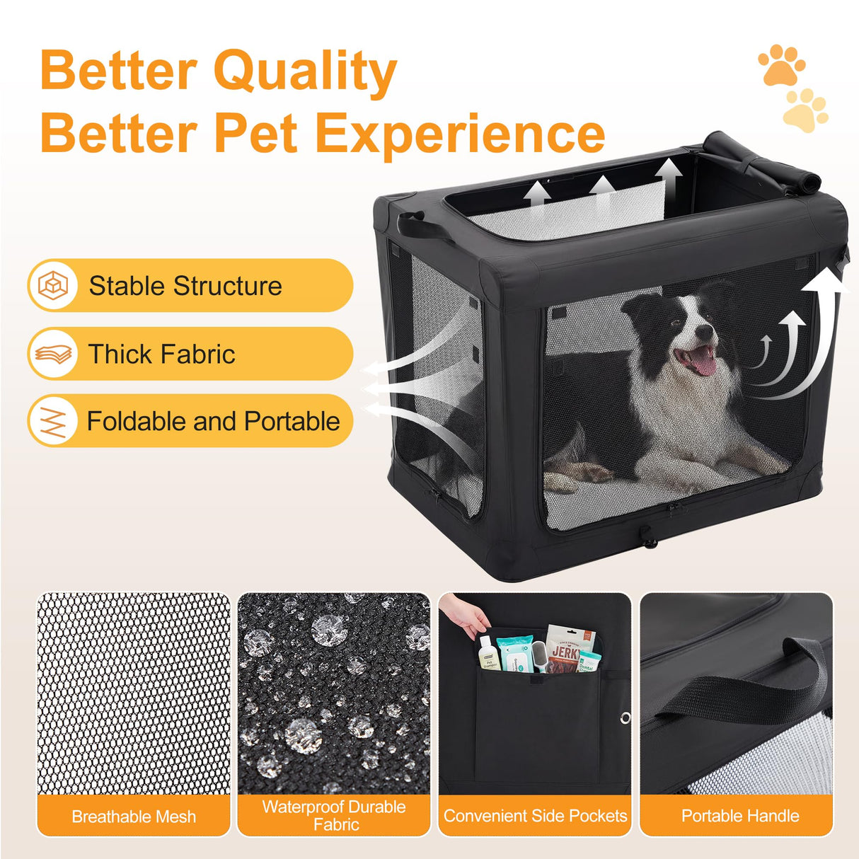KMFurnila Dog Travel Crate 36 Inch, Portable Soft-Sided Travel Carriers for Dogs and Cats, Foldable Pet Kennel with 3-Doors Mesh Windows Indoor & Outdoor, Black