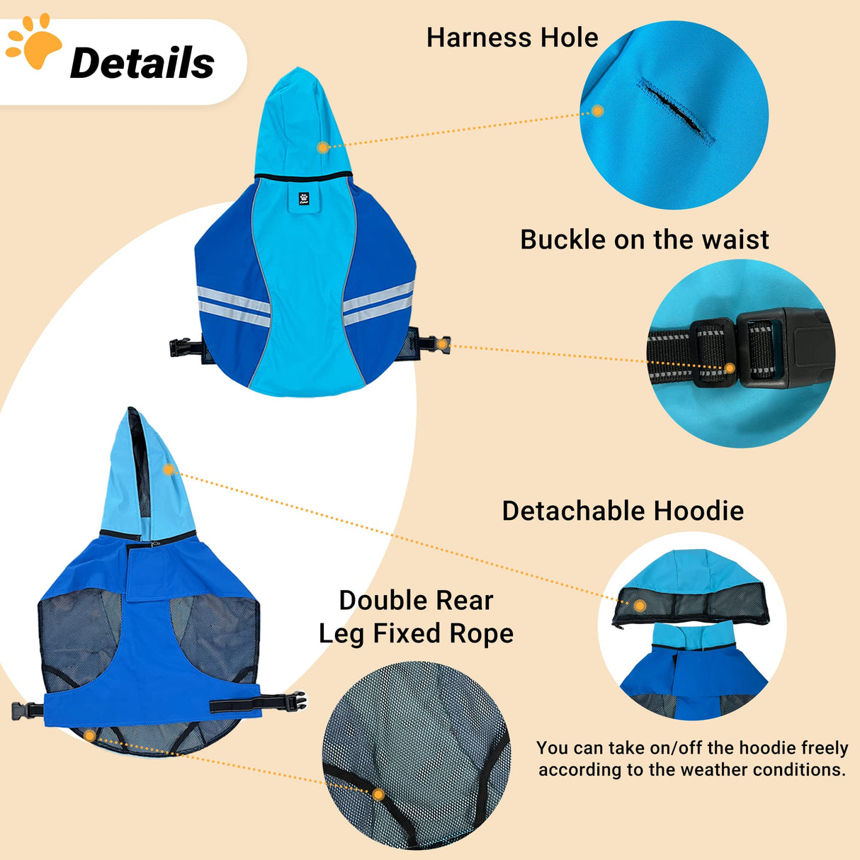 Cosibell Dog Raincoat for Medium Large Extra Large Dogs, Waterproof Rain Jacket with Reflective Strap, Lightweight Hoodies Full-Body Coverage Dry Clothes (L, Blue)