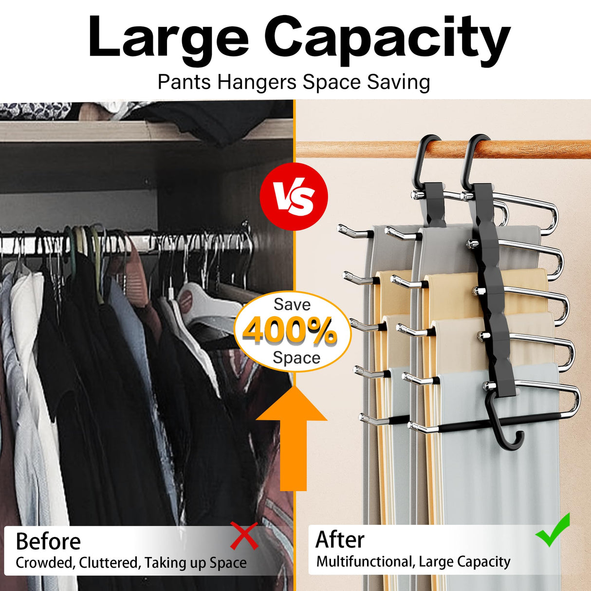 Pants Hangers Space Saving - 2 Pack Closet Organizer and Storage Jean Hangers, Stainless Steel Anti-Slip Clothes Hanger Scarf Holder for Pants Jeans Leggings Trousers Pant Rack, Black