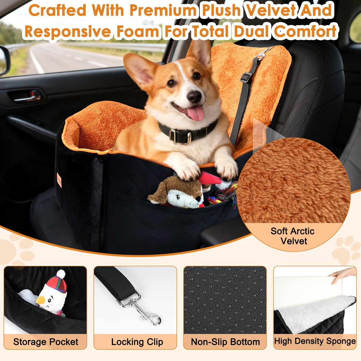Vivifying Dog Car Seat for Small and Medium Dogs, 4" Booster Pet Car Seat with Safety Strap, Plush Travel Dog Bed for Car with Storage Pocket, Detachable Washable Cover, Fits Dogs up to 35lbs (Black)