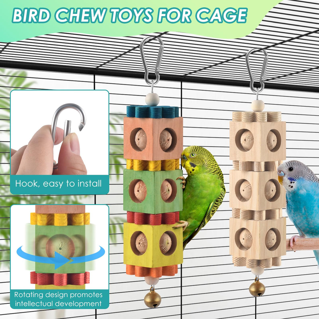 DBNESS 2Pcs Bird Chew Toys for Beak Grinding, Hanging Rotating Wood Block with Bell Parrot Foraging Enrichment Toy for Small to Medium Cocktiel, Conure, Caique