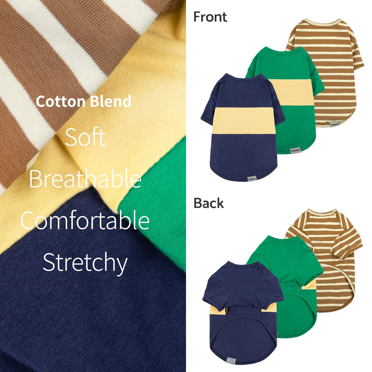 Fitwarm 3 Pack Color Block Striped Dog Shirt, Summer Dog Clothes for Small Dogs, Breathable Lightweight Dog Tshirt, Pet Outfit, Navy Blue, Sea Green, Brown, Small