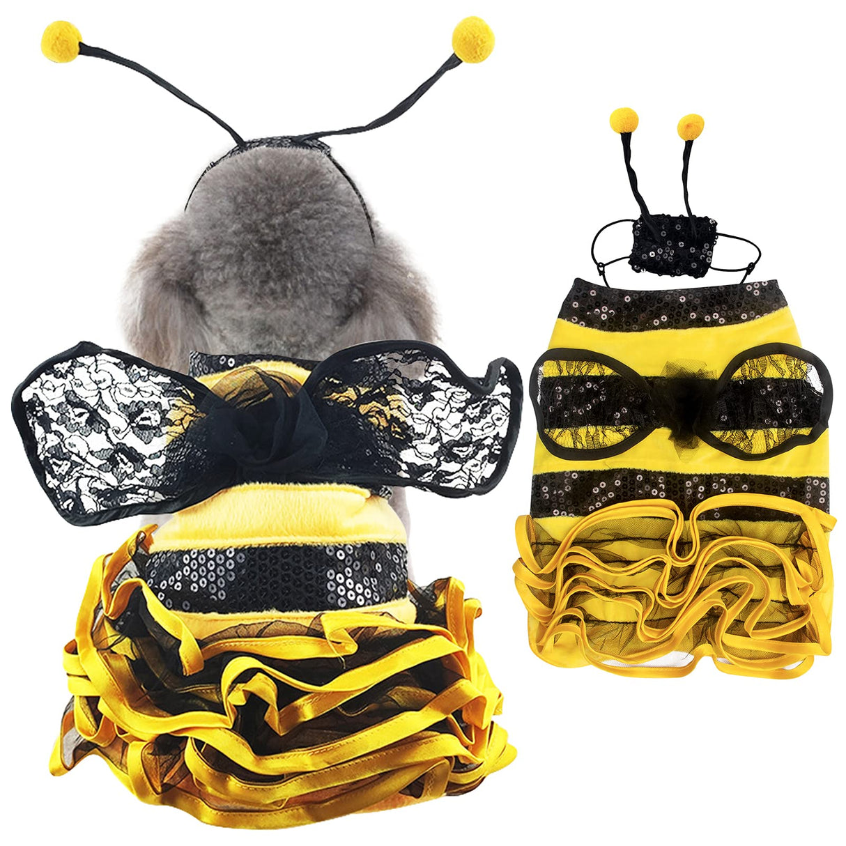 Bee Dog Halloween Costumes, Bumblebee Dress Cosplay Clothes with Cap, Funny Pet Halloween Outfit for Small Medium Large Dogs Cats Christmas Birthday Party Photo Props