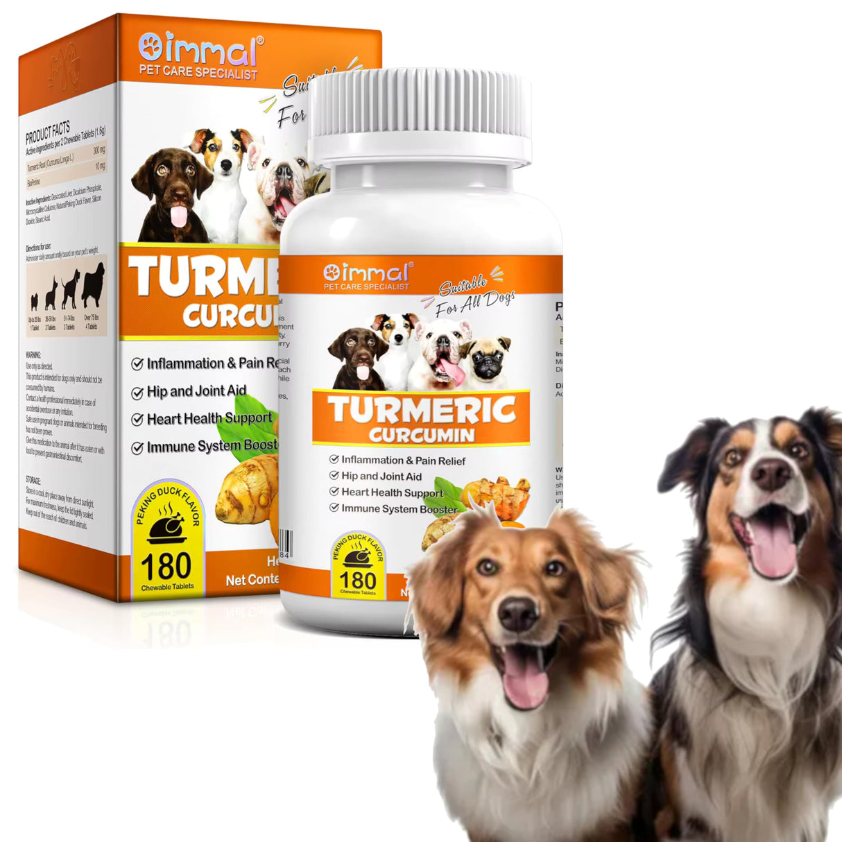Turmeric for Dogs – 180 Count Tablet Treats with Curcumin & Piperine – Joint Health, Mobility, Allergy & Itch Relief, Skin & Coat, Hot Spots – Duck Flavor with Salmon Oil