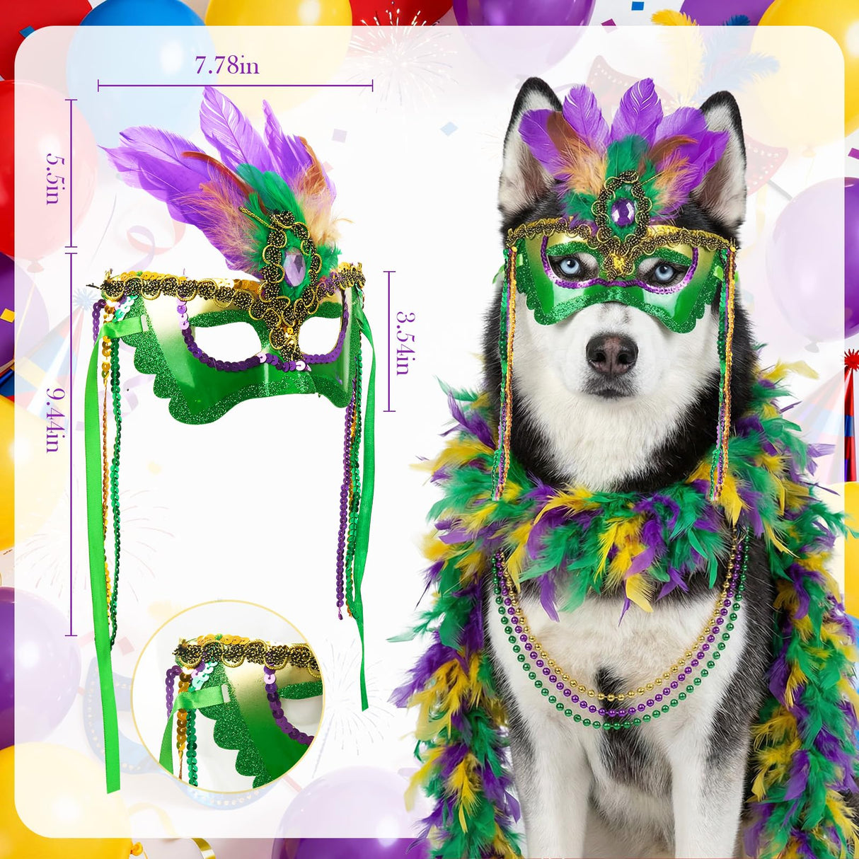 LEIFIDE 5 Pcs Mardi Gras Dog Costume Mardi Gras Pet Mask with Collar Carnival Masquerade Pet Accessories Set Golden Green Purple Puppy Dress up Feather Boa for Medium Large Dogs Outfit Decor